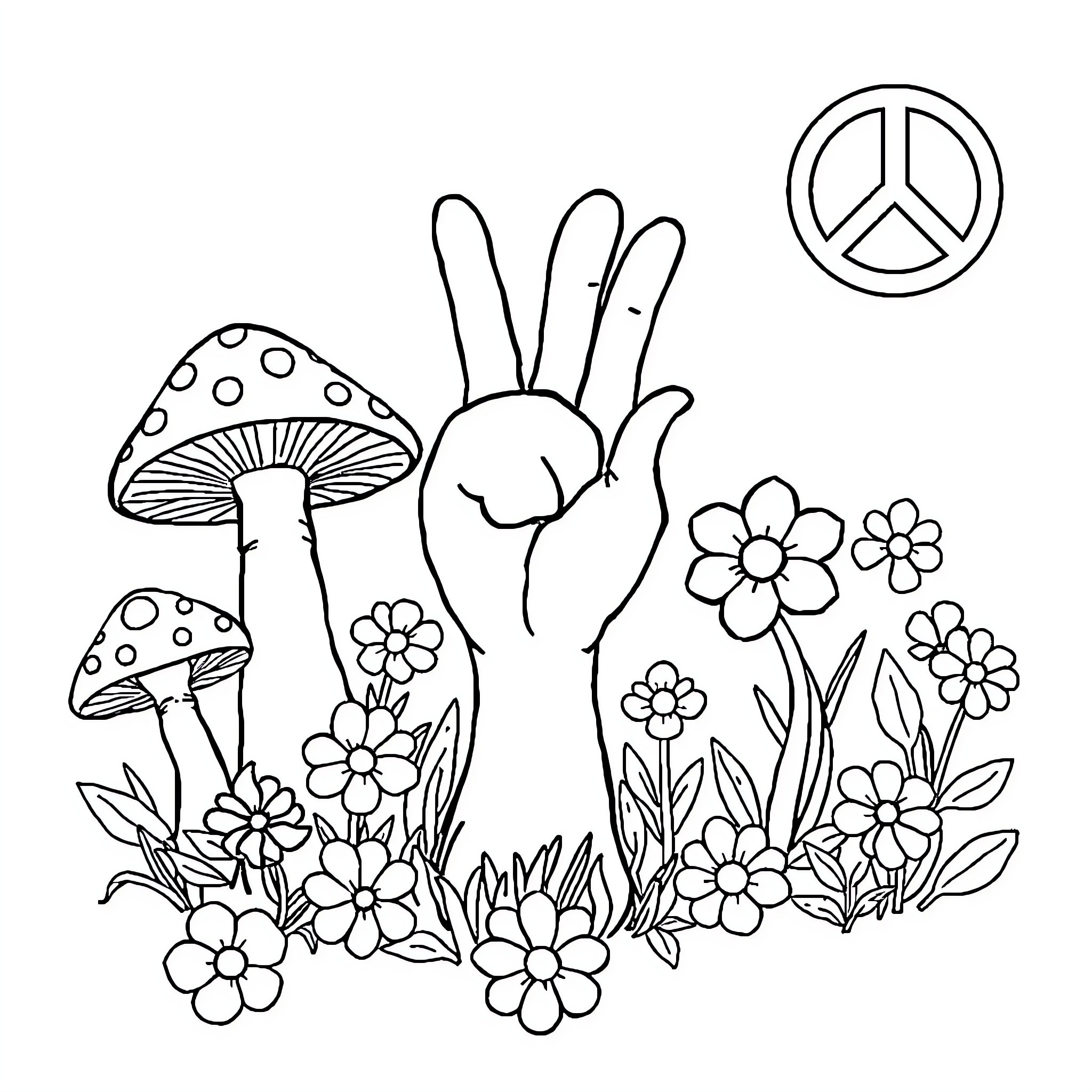 Mushroom garden with peace symbol and floral motifs Coloring Page (free black-and-white line drawing printable PDF for all, from beginners to advanced learners, including children, teens, adults, and seniors)