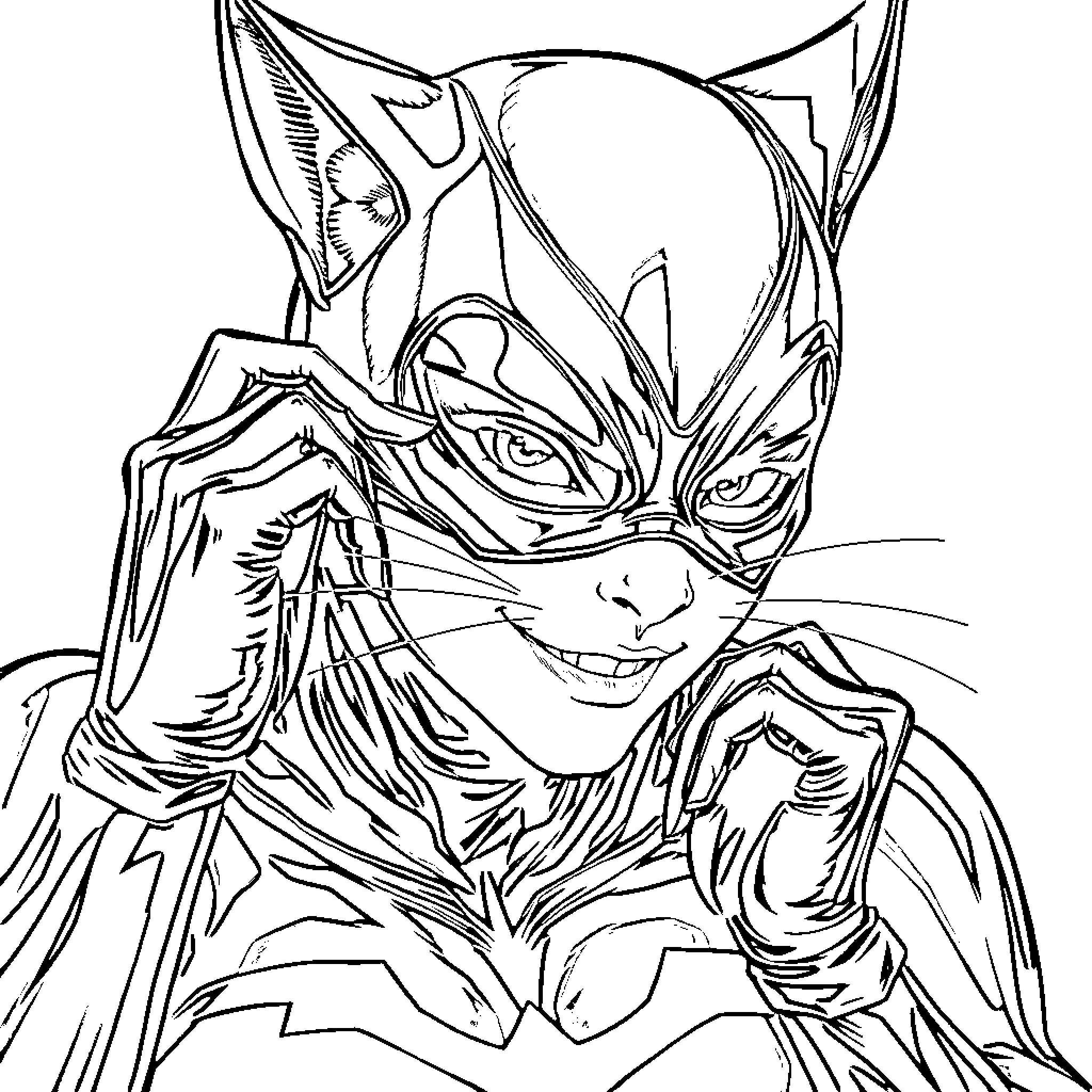 Cat Woman in action-packed, expressive pose Coloring Page (free black-and-white line drawing printable PDF for all, from beginners to advanced learners, including children, teens, adults, and seniors)