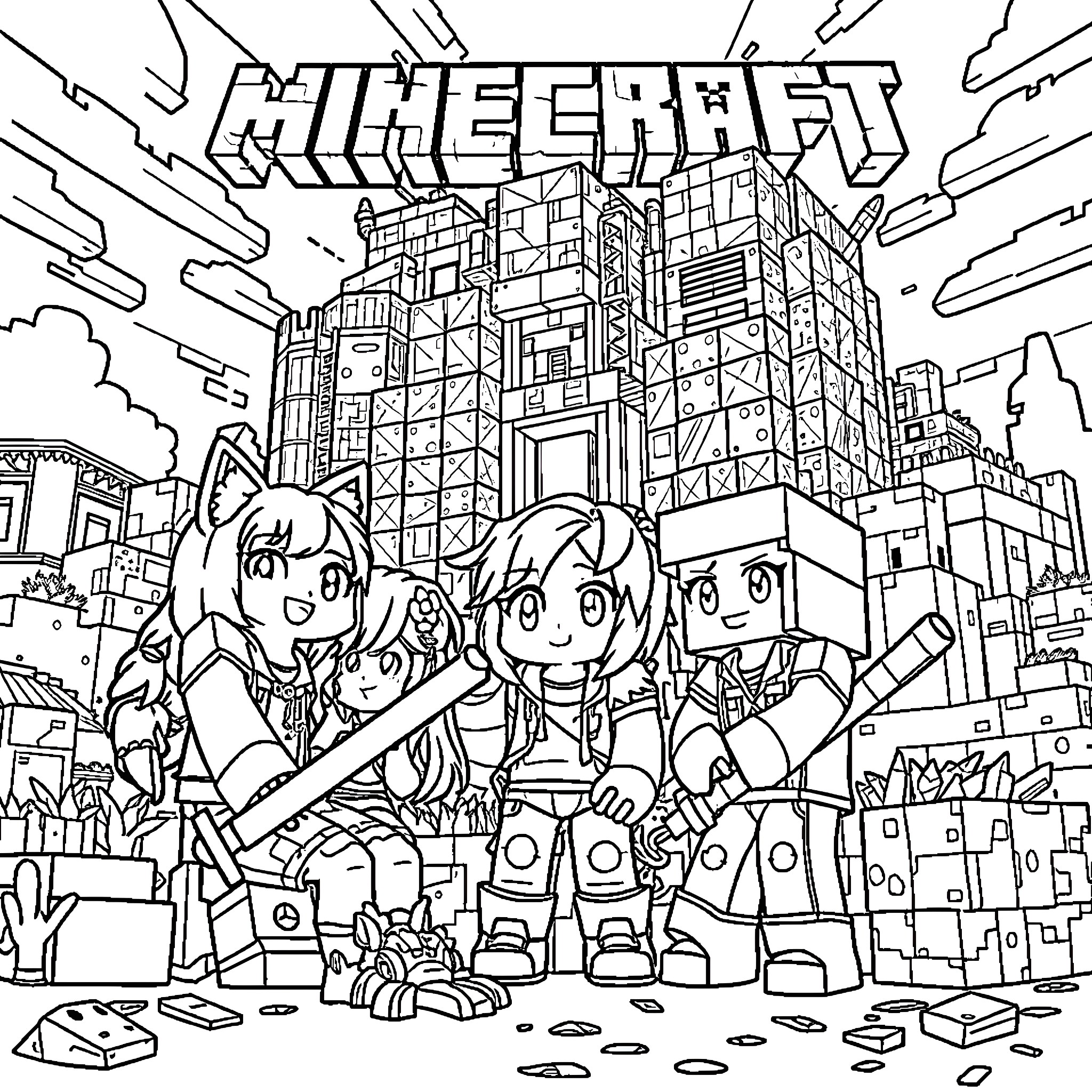 Aphmau's Minecraft Adventure with Friends Coloring Page (free black-and-white line drawing printable PDF for all, from beginners to advanced learners, including children, teens, adults, and seniors)