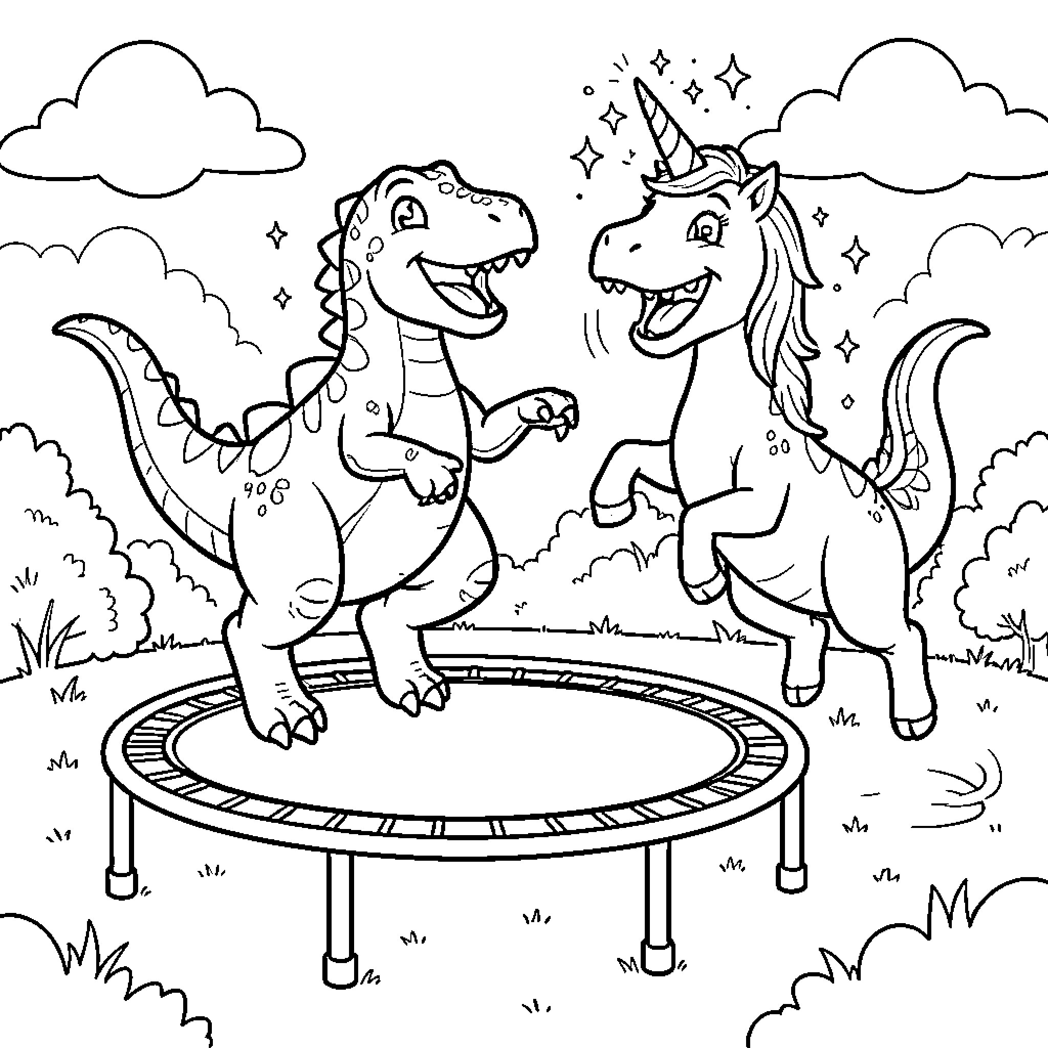 Dinosaur and Unicorn Playing on Trampoline Coloring Page (free black-and-white line drawing printable PDF for all, from beginners to advanced learners, including children, teens, adults, and seniors)