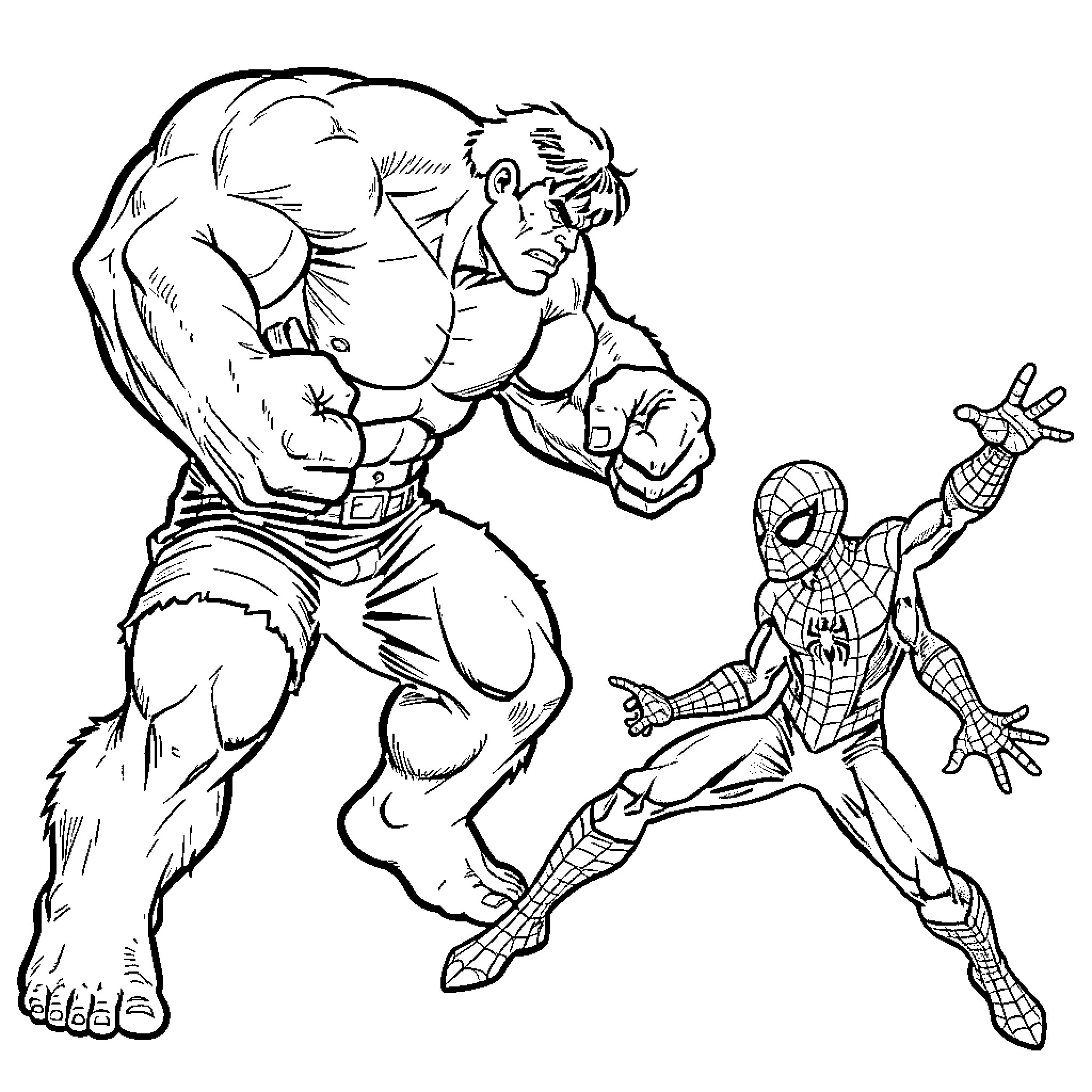Hulk battling Spider-Man in intense superhero showdown Coloring Page (free black-and-white line drawing printable PDF for all, from beginners to advanced learners, including children, teens, adults, and seniors)