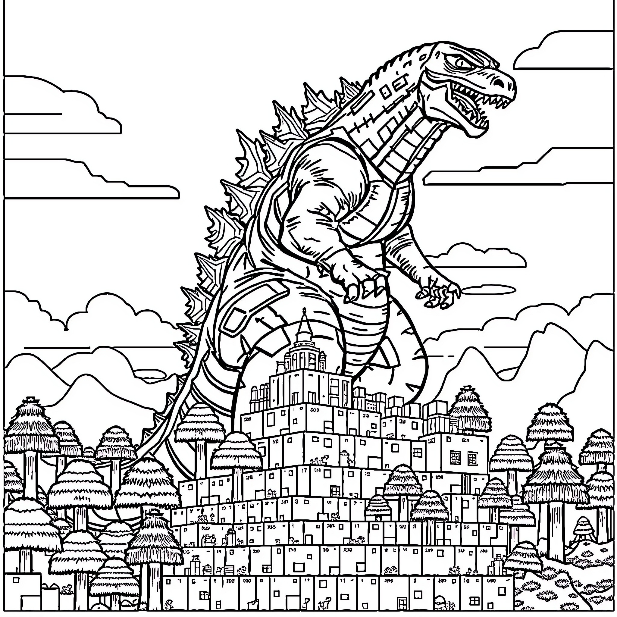 Godzilla Destroys Cityscape with Might Coloring Page (free black-and-white line drawing printable PDF for all, from beginners to advanced learners, including children, teens, adults, and seniors)