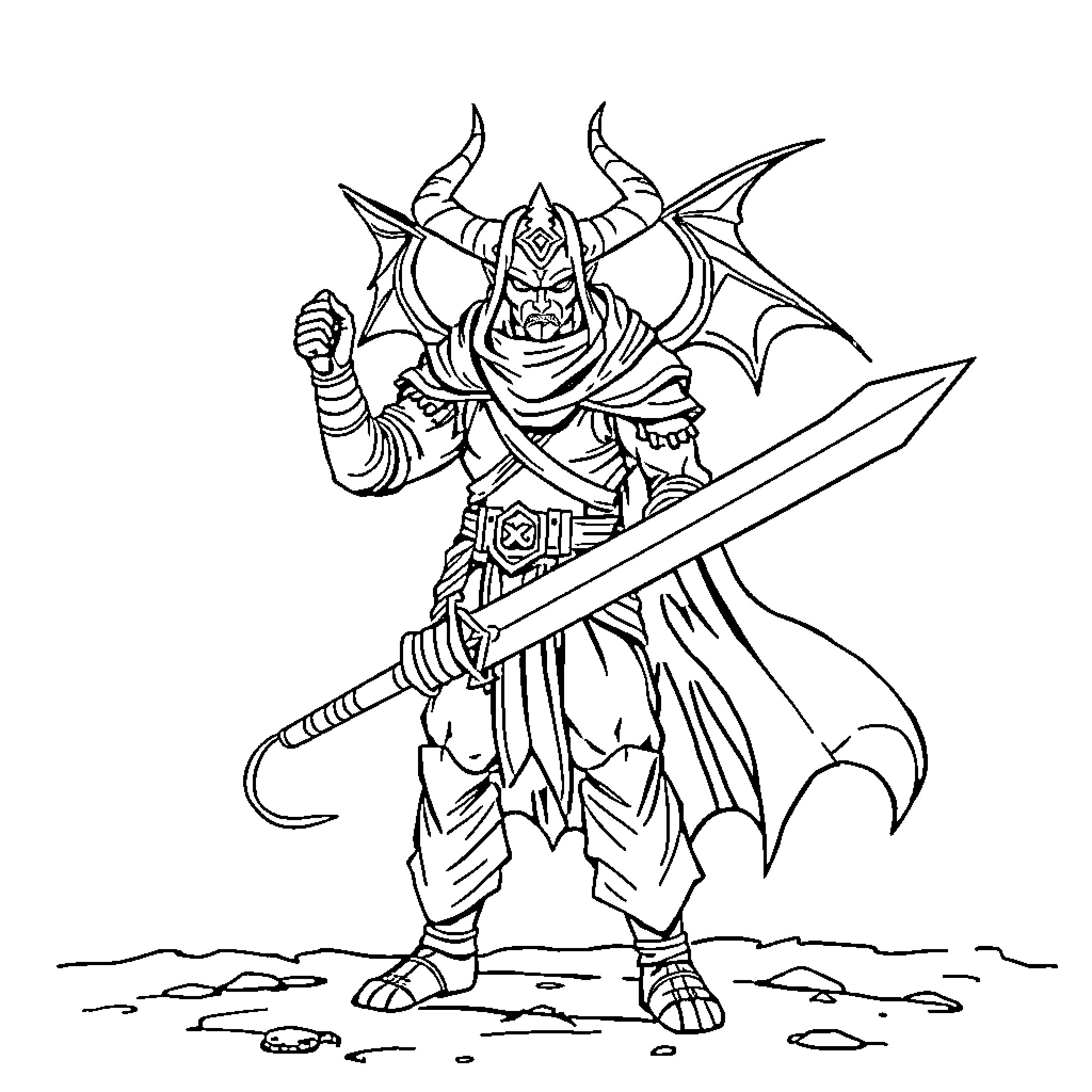 Demon Slayer Warrior with Powerful Sword and Armor Coloring Page (free black-and-white line drawing printable PDF for all, from beginners to advanced learners, including children, teens, adults, and seniors)