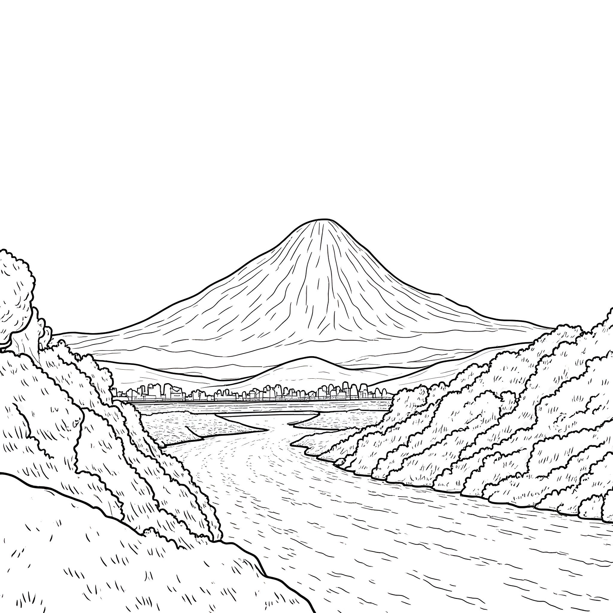 Mountain landscape with a river winding through Coloring Page (free black-and-white line drawing printable PDF for all, from beginners to advanced learners, including children, teens, adults, and seniors)