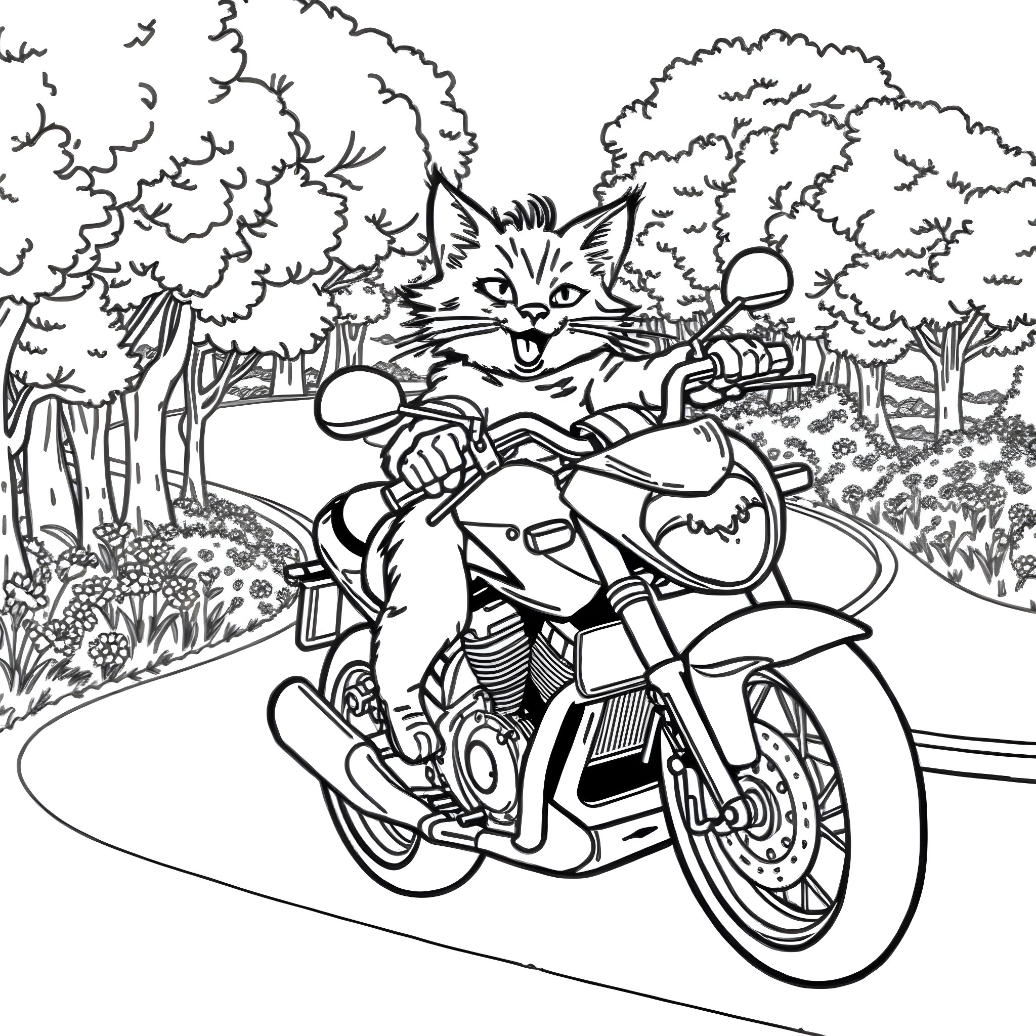 Cat riding a motorcycle in the forest Coloring Page (free black-and-white line drawing printable PDF for all, from beginners to advanced learners, including children, teens, adults, and seniors)