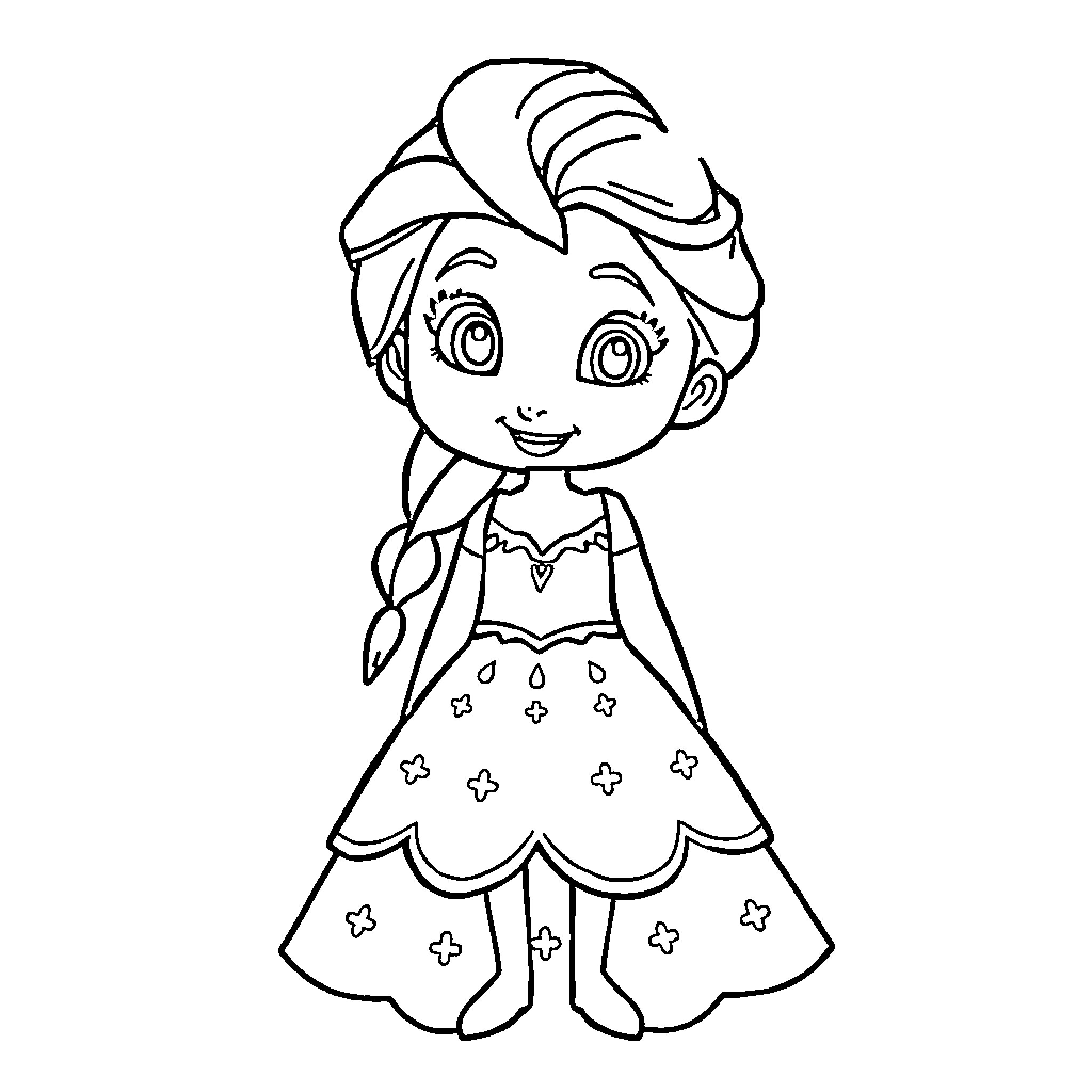 Frozen Sketch of a Young Girl in a Patterned Dress Coloring Page (free black-and-white line drawing printable PDF for all, from beginners to advanced learners, including children, teens, adults, and seniors)