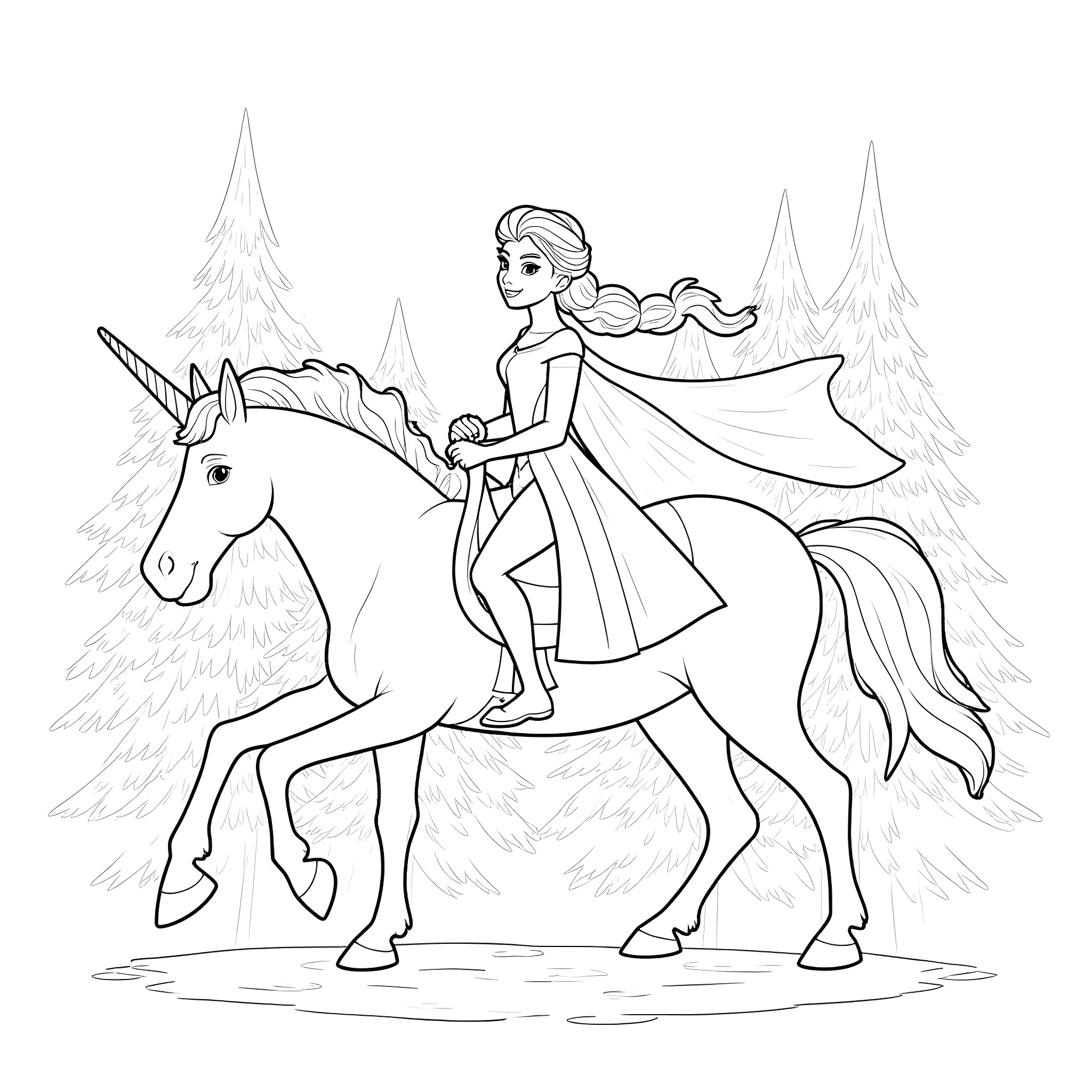 Elsa's Magical Unicorn Adventure Coloring Page (free black-and-white line drawing printable PDF for all, from beginners to advanced learners, including children, teens, adults, and seniors)