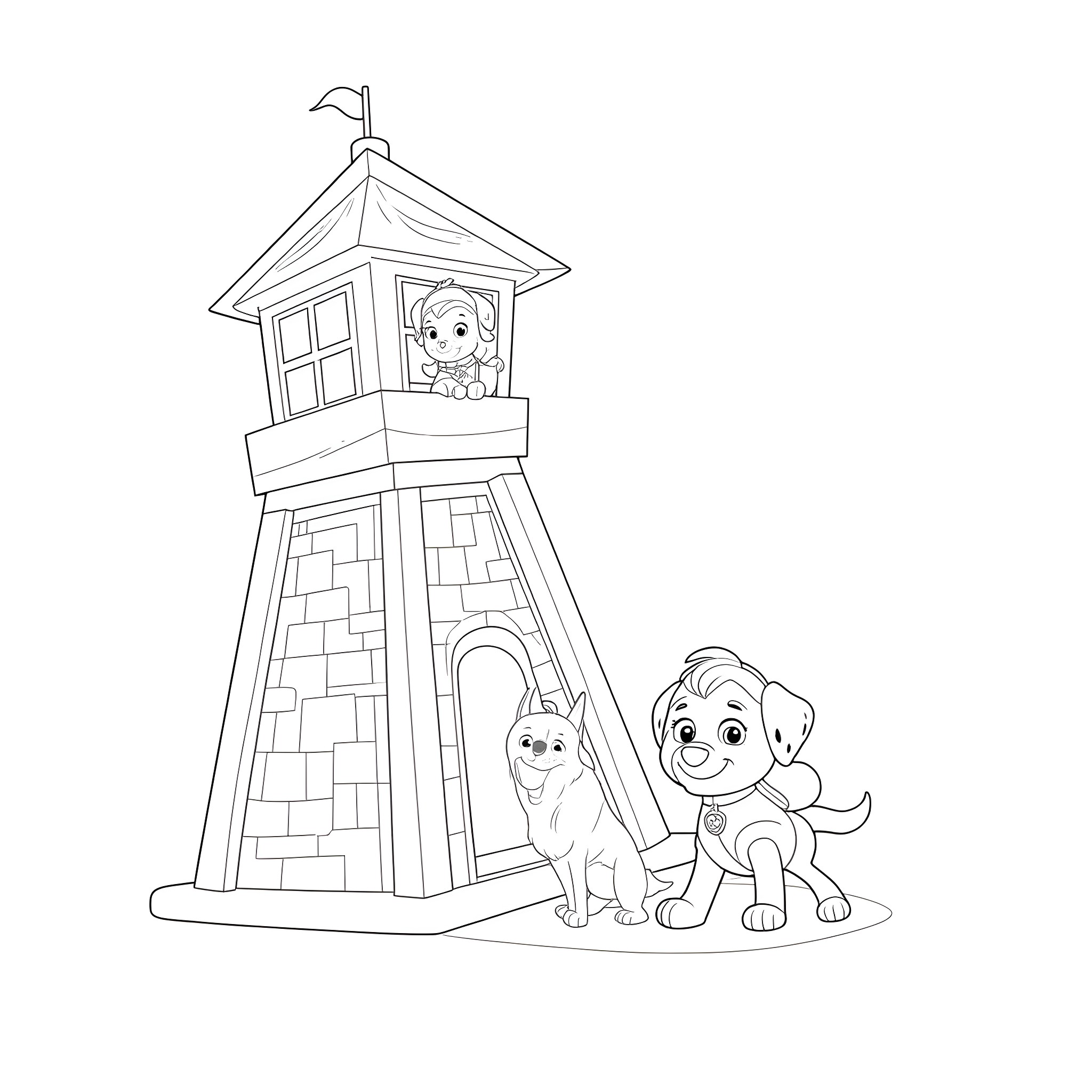 Paw Patrol puppies in front of lookout tower Coloring Page (free black-and-white line drawing printable PDF for all, from beginners to advanced learners, including children, teens, adults, and seniors)