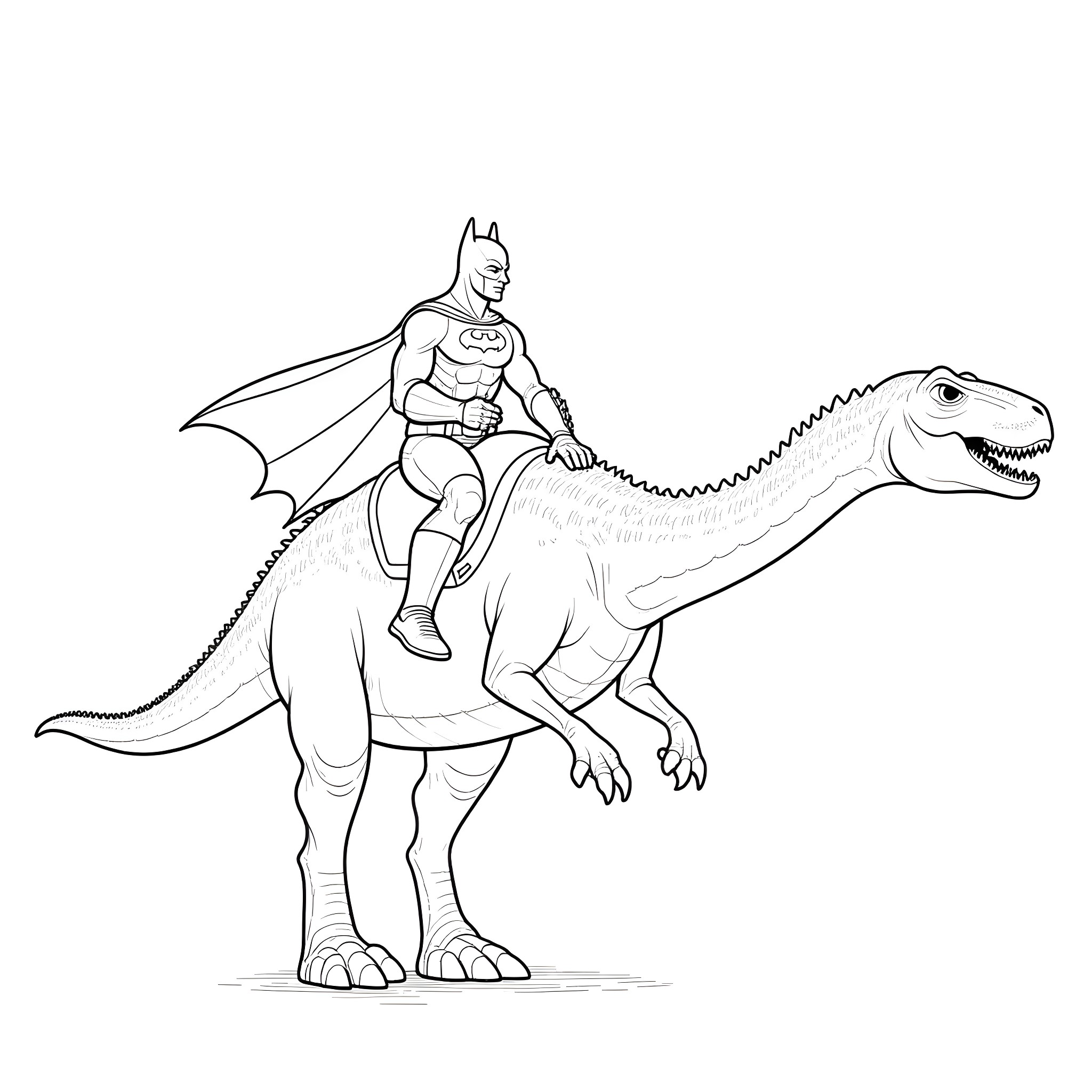 Batman riding a fierce dinosaur Coloring Page (free black-and-white line drawing printable PDF for all, from beginners to advanced learners, including children, teens, adults, and seniors)