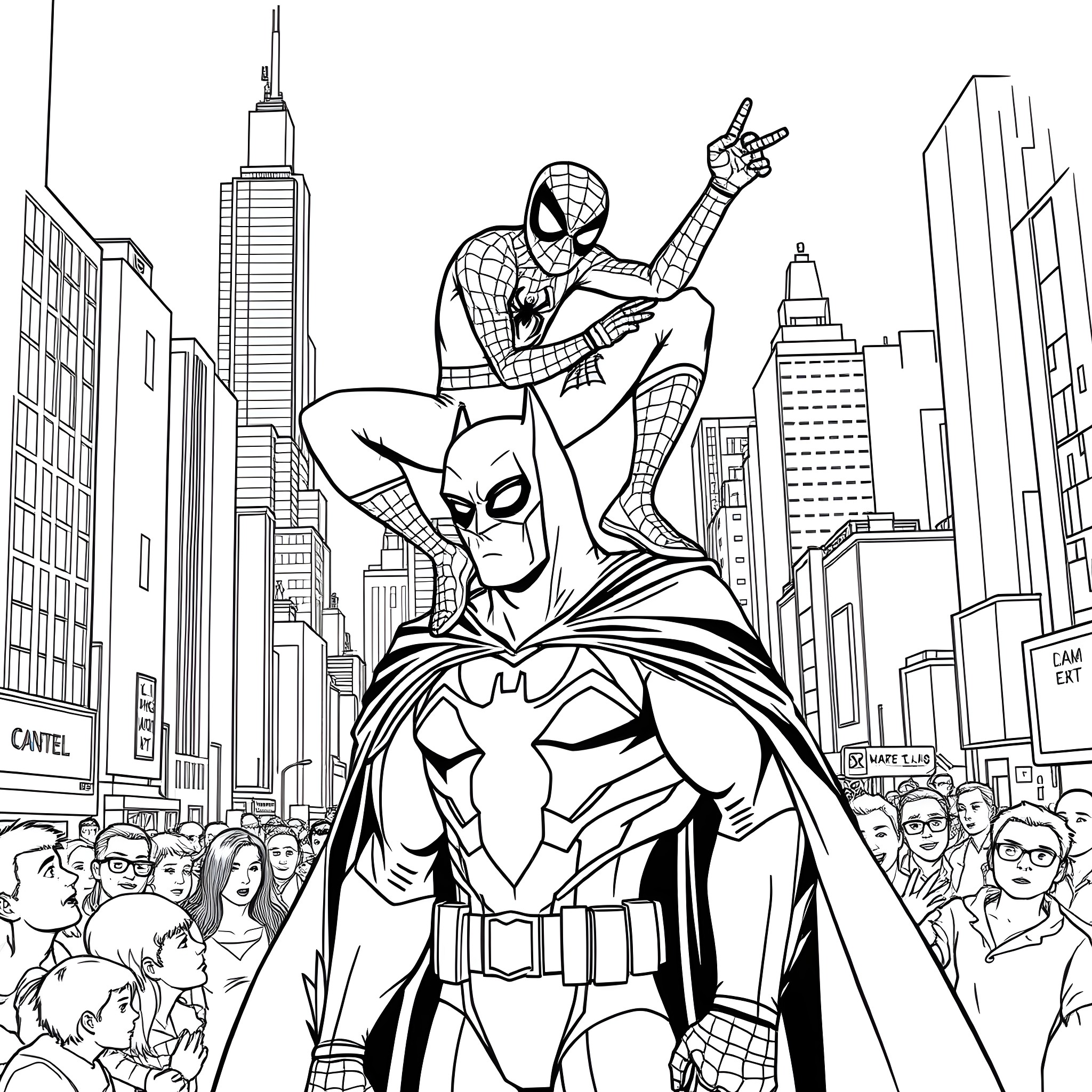 Spiderman swinging over a crowded city with Batman Coloring Page (free black-and-white line drawing printable PDF for all, from beginners to advanced learners, including children, teens, adults, and seniors)