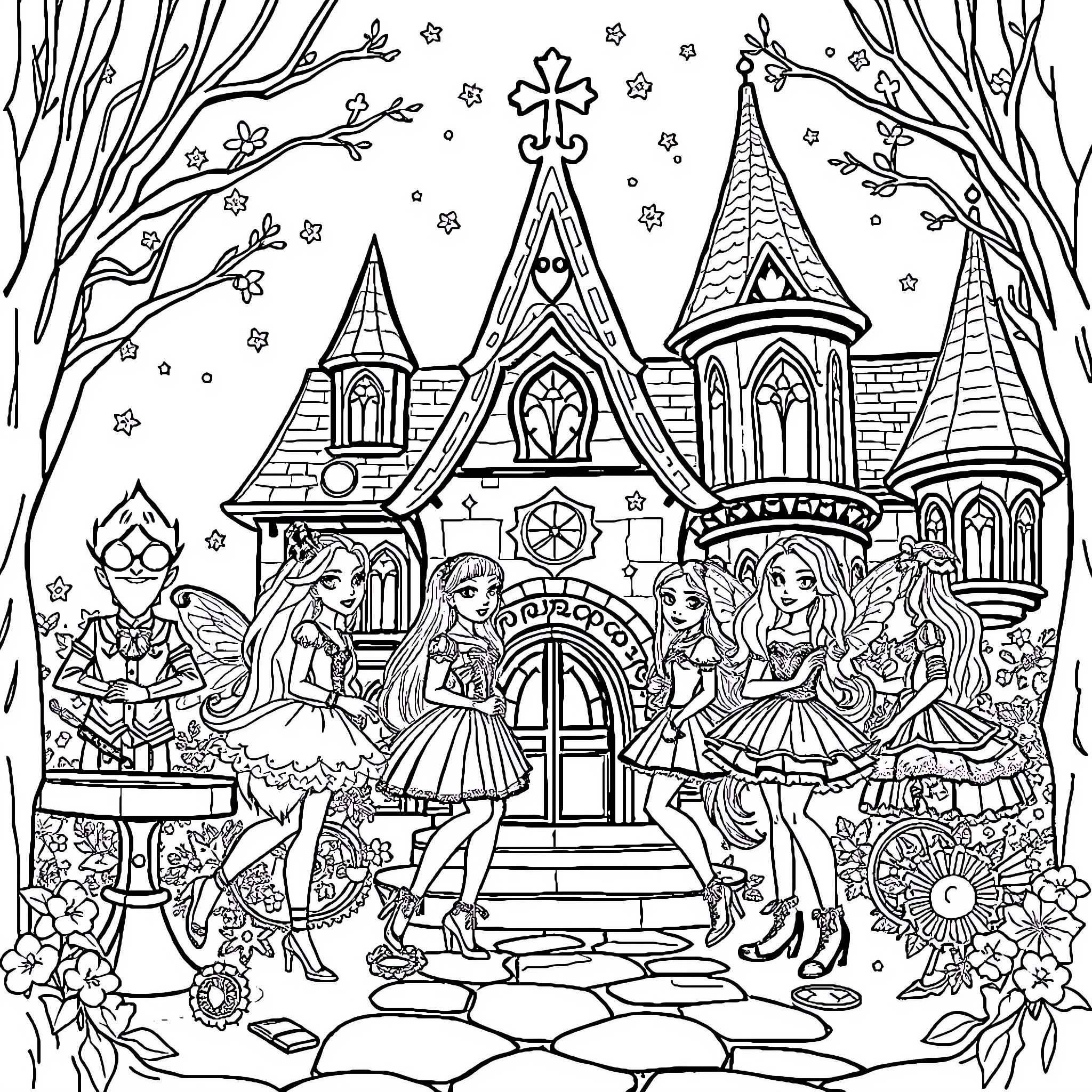 Ever After High: Enchanting Celebration at the Magical Castle Coloring Page (free black-and-white line drawing printable PDF for all, from beginners to advanced learners, including children, teens, adults, and seniors)