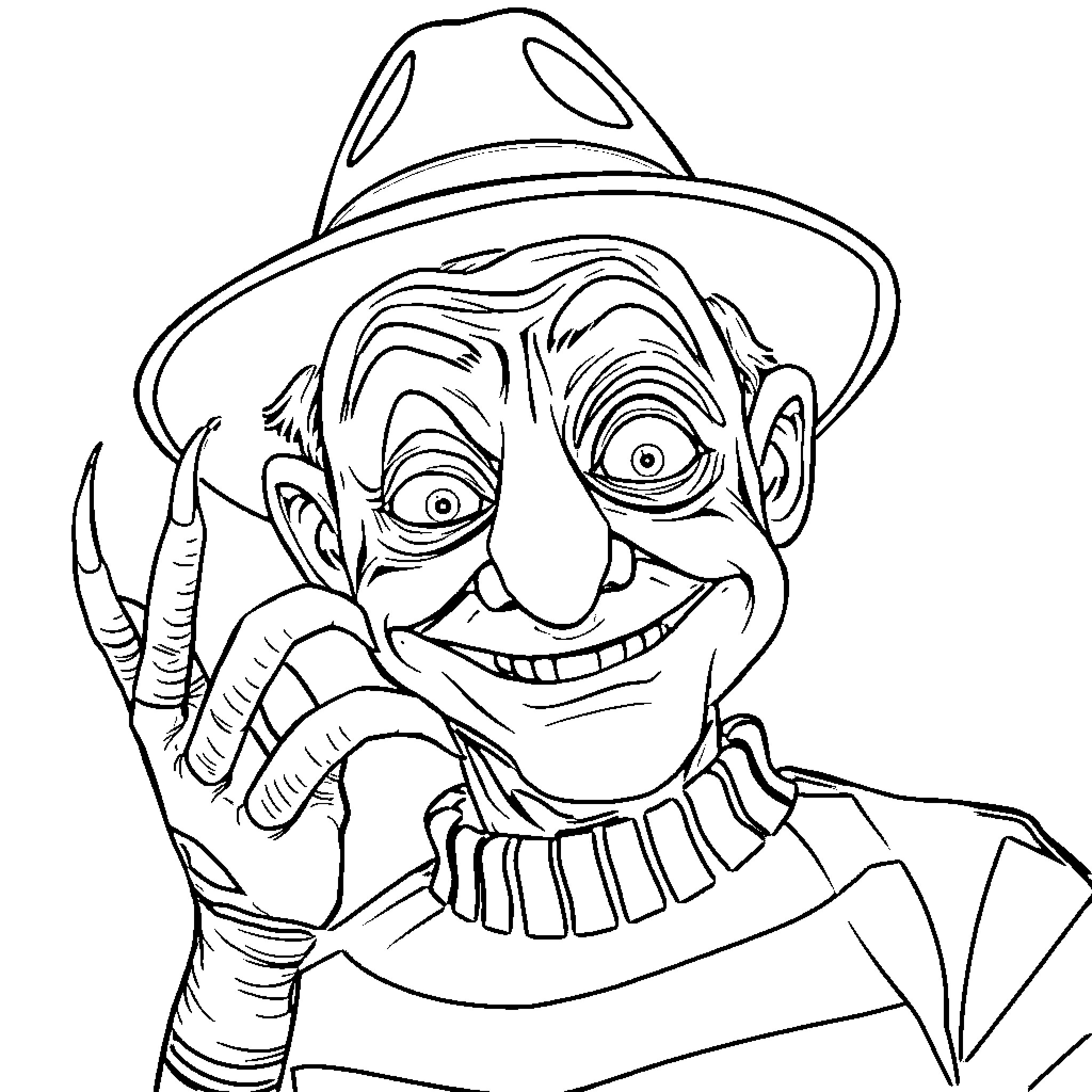 Freddy Krueger in a Mischievous Pose Coloring Page (free black-and-white line drawing printable PDF for all, from beginners to advanced learners, including children, teens, adults, and seniors)