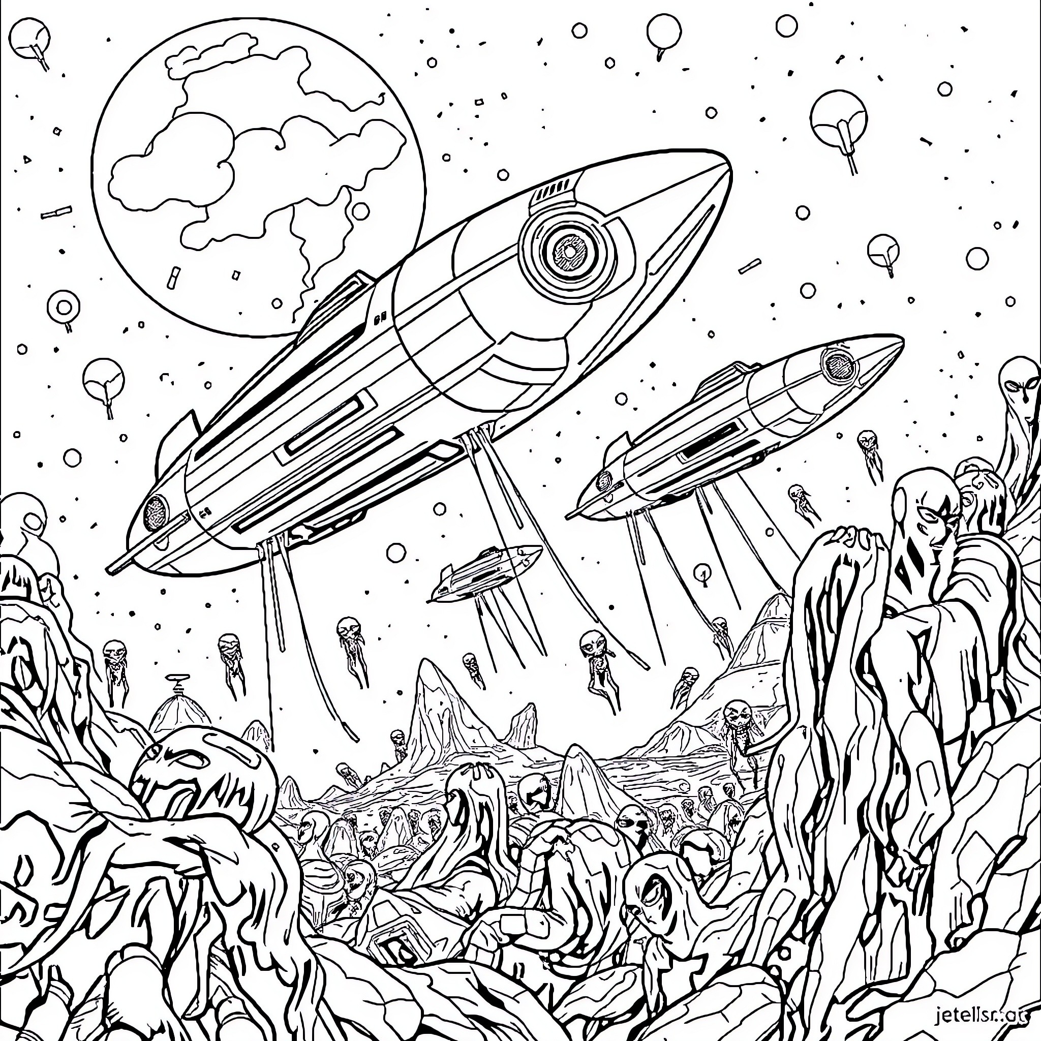 Alien spaceships explore mysterious planetary landscape Coloring Page (free black-and-white line drawing printable PDF for all, from beginners to advanced learners, including children, teens, adults, and seniors)