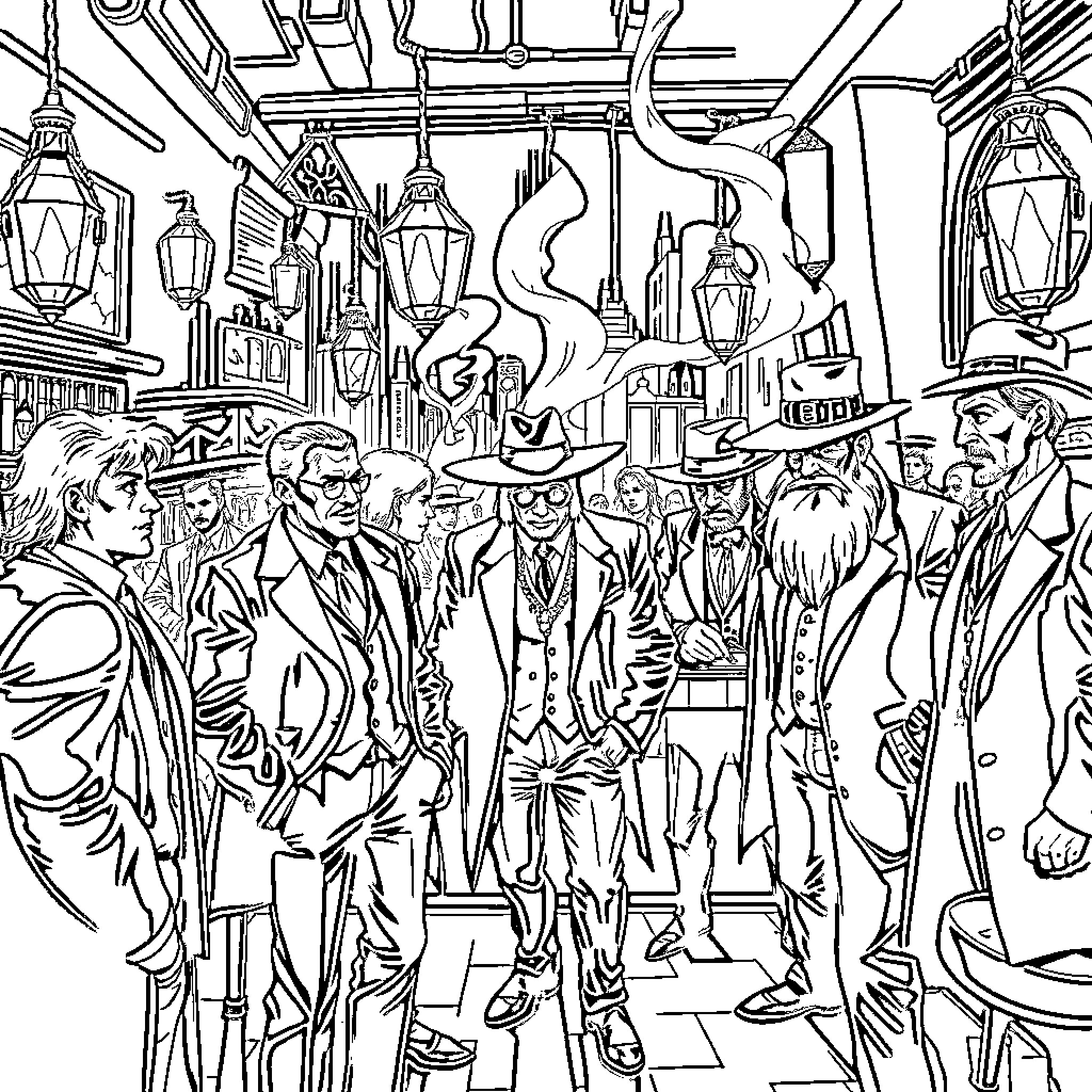 Lord of the Rings - Mysterious figures in an esoteric shop Coloring Page (free black-and-white line drawing printable PDF for all, from beginners to advanced learners, including children, teens, adults, and seniors)