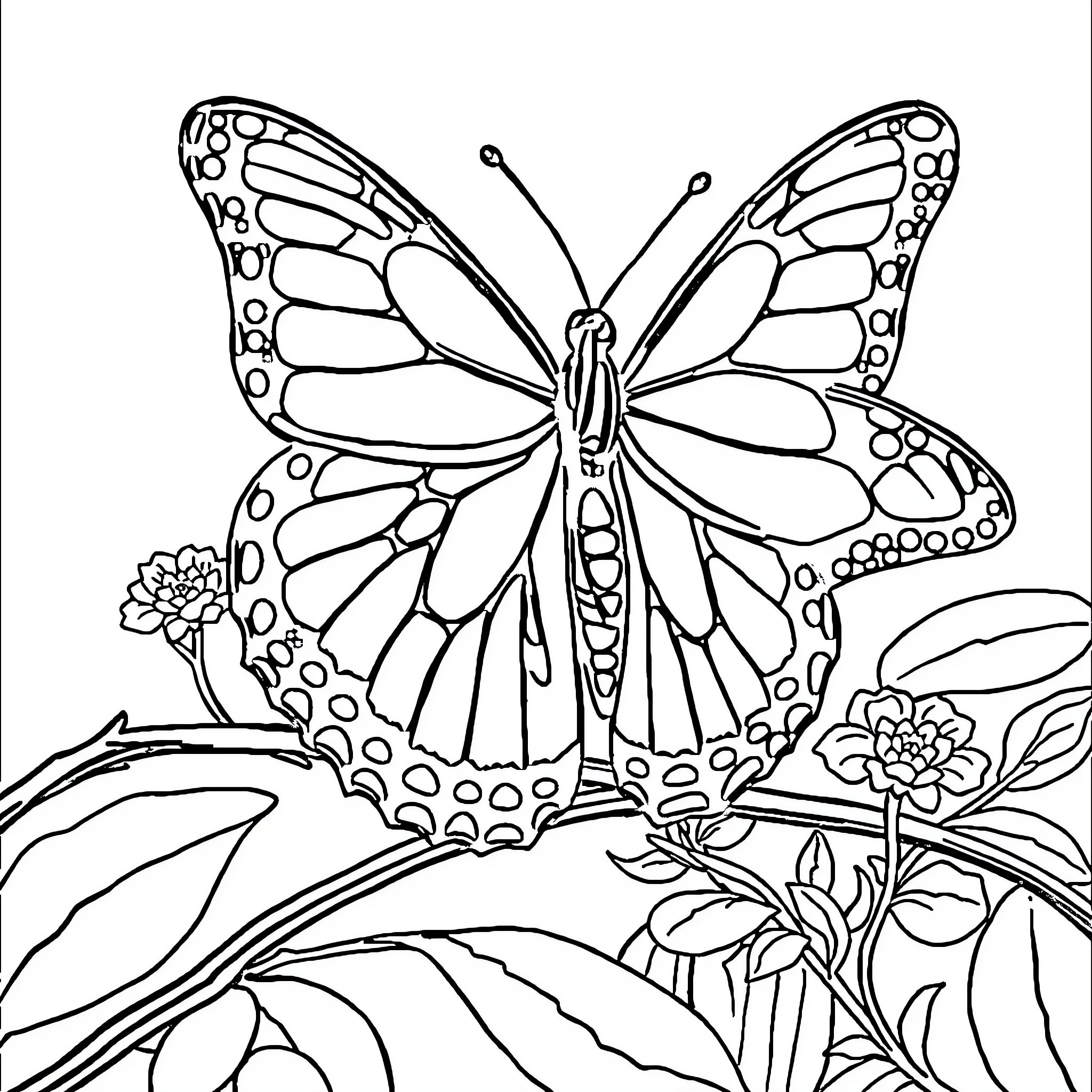 Butterfly surrounded by flowers and foliage Coloring Page (free black-and-white line drawing printable PDF for all, from beginners to advanced learners, including children, teens, adults, and seniors)