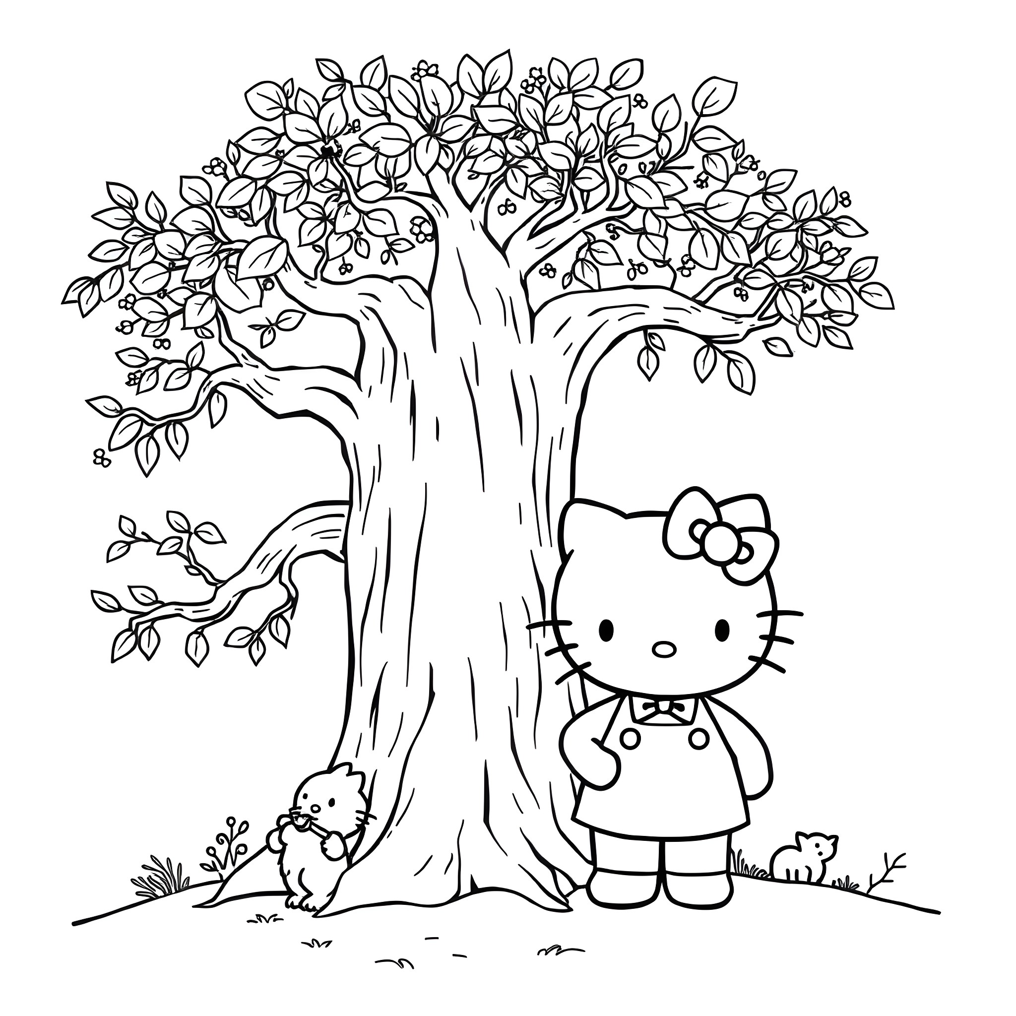 Hello Kitty playing under a large tree with a bunny Coloring Page (free black-and-white line drawing printable PDF for all, from beginners to advanced learners, including children, teens, adults, and seniors)