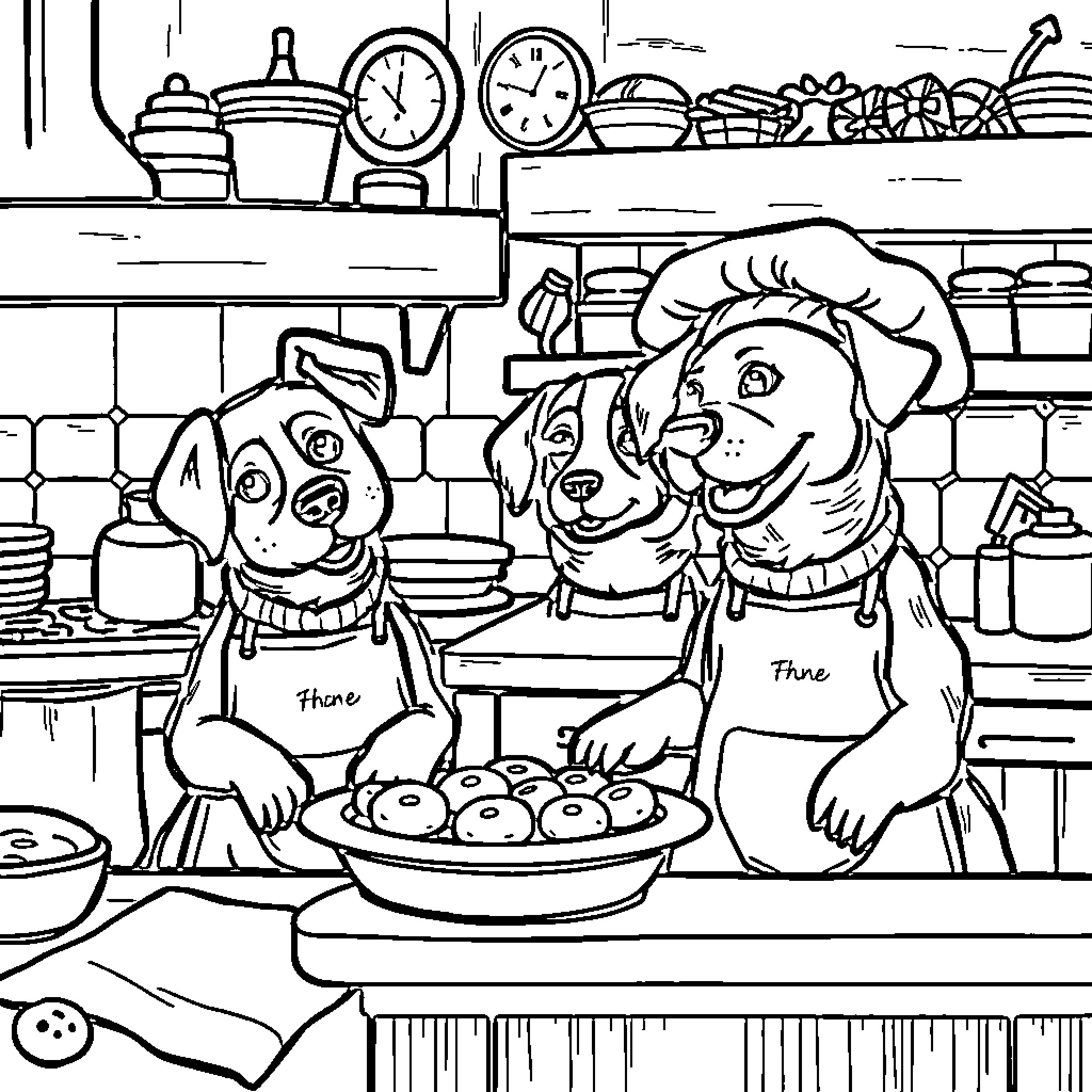 Dog Chefs Preparing Delicious Treats in the Kitchen Coloring Page (free black-and-white line drawing printable PDF for all, from beginners to advanced learners, including children, teens, adults, and seniors)