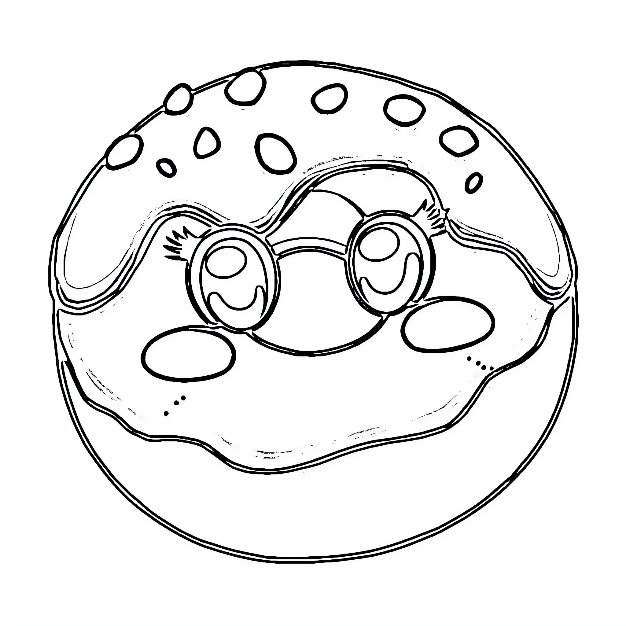Donut with Playful Face and Patterns Coloring Page (free black-and-white line drawing printable PDF for all, from beginners to advanced learners, including children, teens, adults, and seniors)