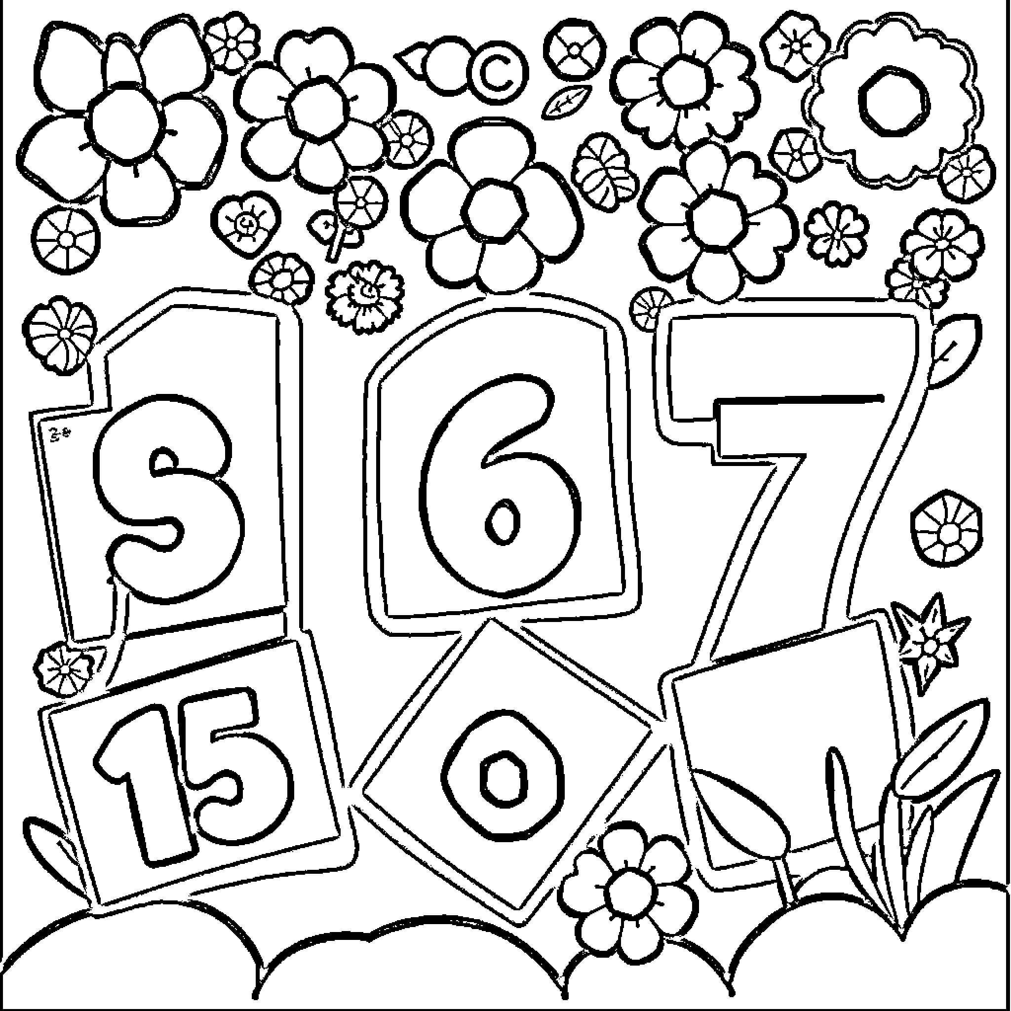 Number Flower Garden with Floral Shapes and Numerals Coloring Page (free black-and-white line drawing printable PDF for all, from beginners to advanced learners, including children, teens, adults, and seniors)