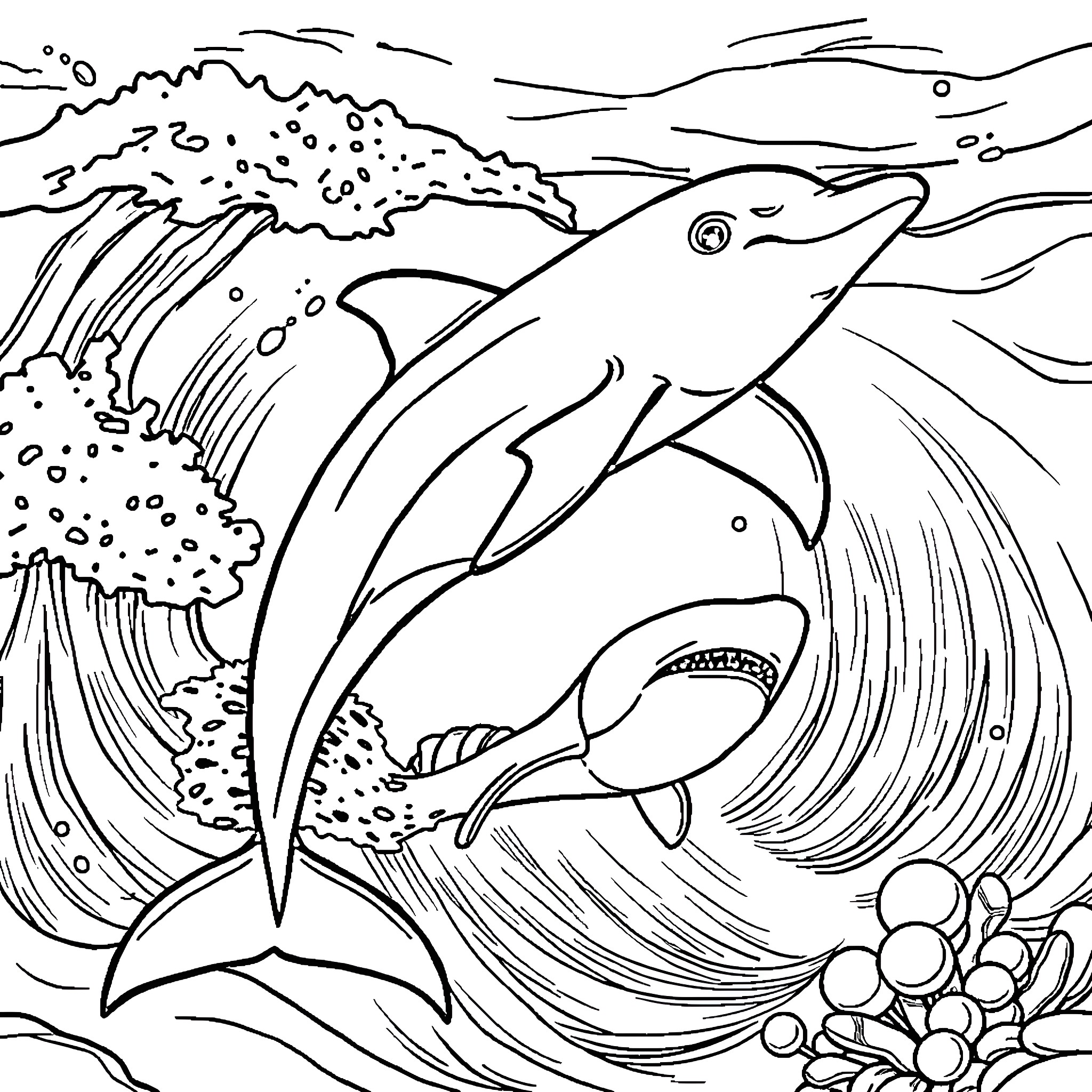 Dolphin jumping through crashing waves Coloring Page (free black-and-white line drawing printable PDF for all, from beginners to advanced learners, including children, teens, adults, and seniors)