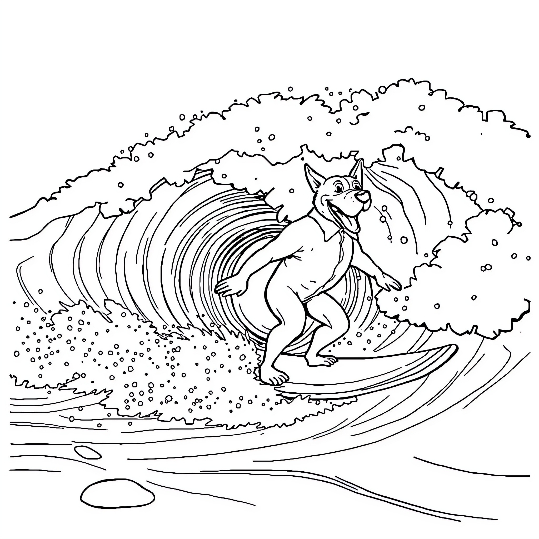 Bulldog surfing through giant wave Coloring Page (free black-and-white line drawing printable PDF for all, from beginners to advanced learners, including children, teens, adults, and seniors)