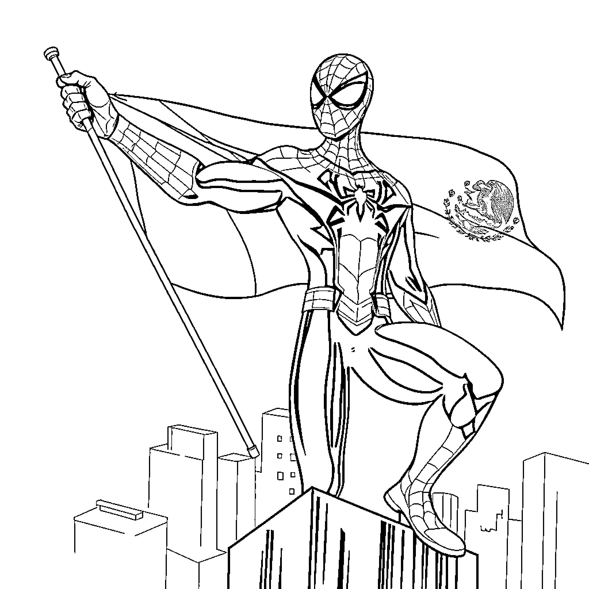 Spiderman heroically swinging through the city Coloring Page (free black-and-white line drawing printable PDF for all, from beginners to advanced learners, including children, teens, adults, and seniors)