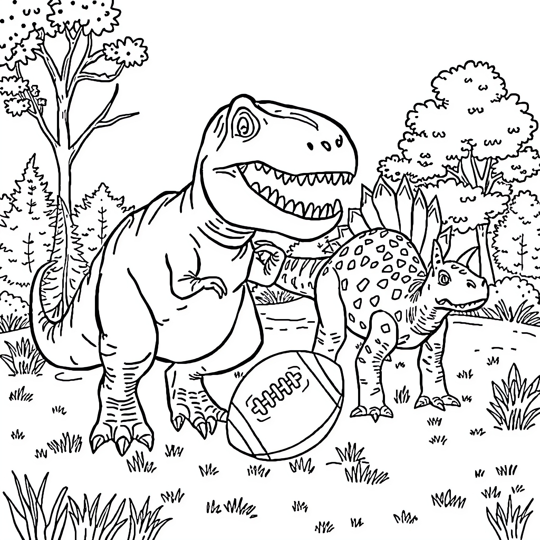 T-Rex Exploring the Prehistoric Forest Coloring Page (free black-and-white line drawing printable PDF for all, from beginners to advanced learners, including children, teens, adults, and seniors)