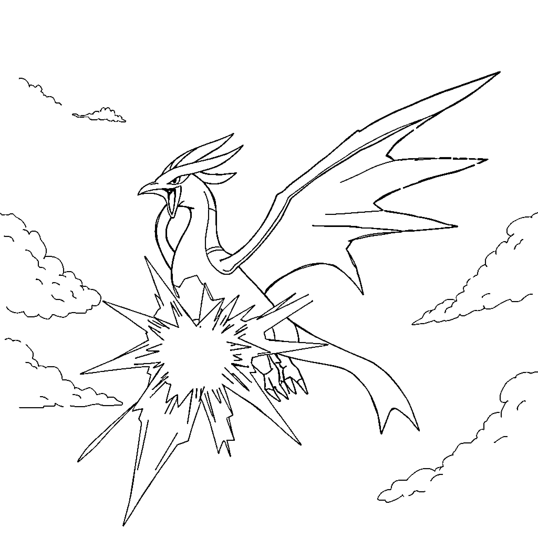 Lugia unleashing a powerful attack in the sky Coloring Page (free black-and-white line drawing printable PDF for all, from beginners to advanced learners, including children, teens, adults, and seniors)