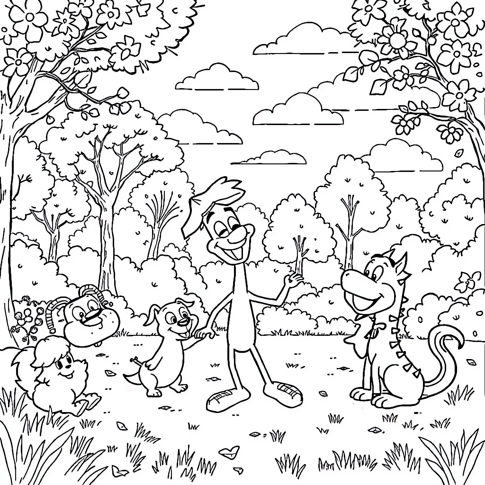Stick figures playing in the flower-filled forest Coloring Page (free black-and-white line drawing printable PDF for all, from beginners to advanced learners, including children, teens, adults, and seniors)
