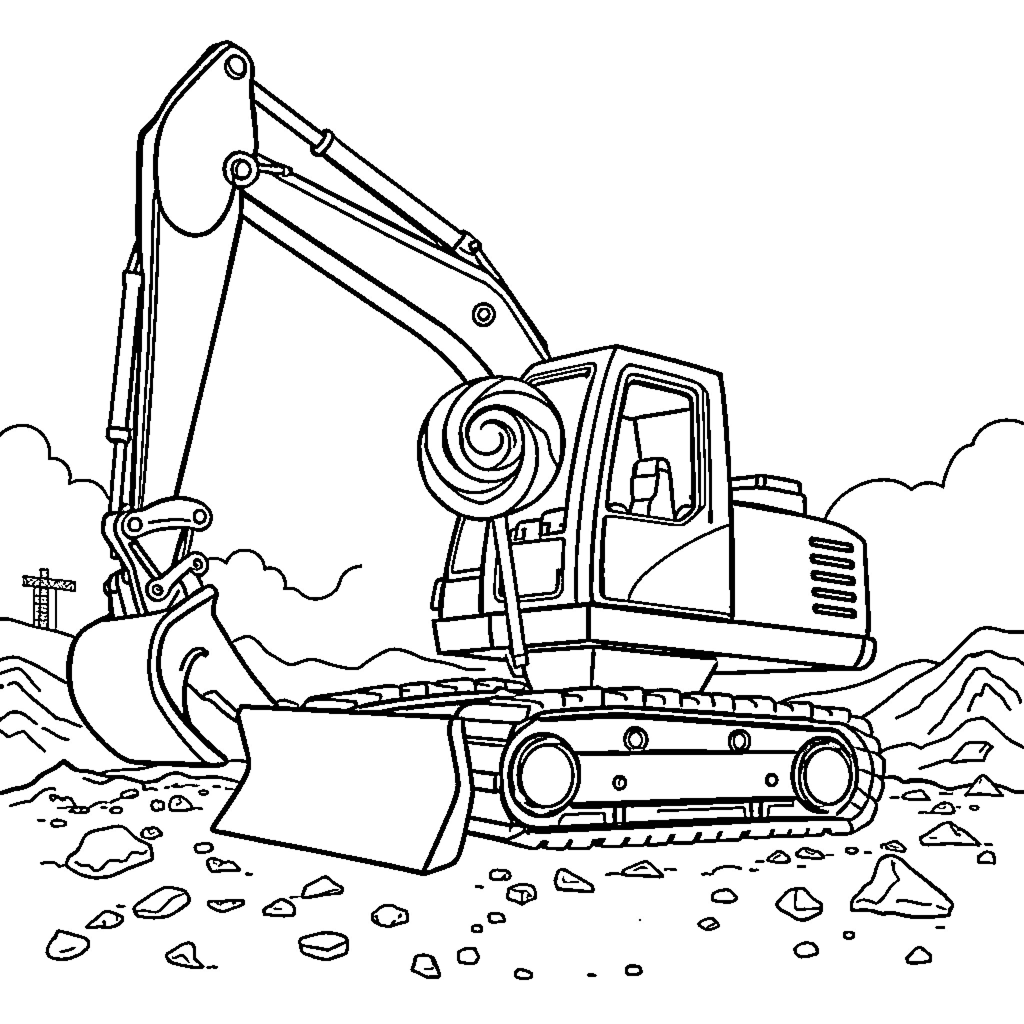 Excavator digging at a construction site Coloring Page (free black-and-white line drawing printable PDF for all, from beginners to advanced learners, including children, teens, adults, and seniors)