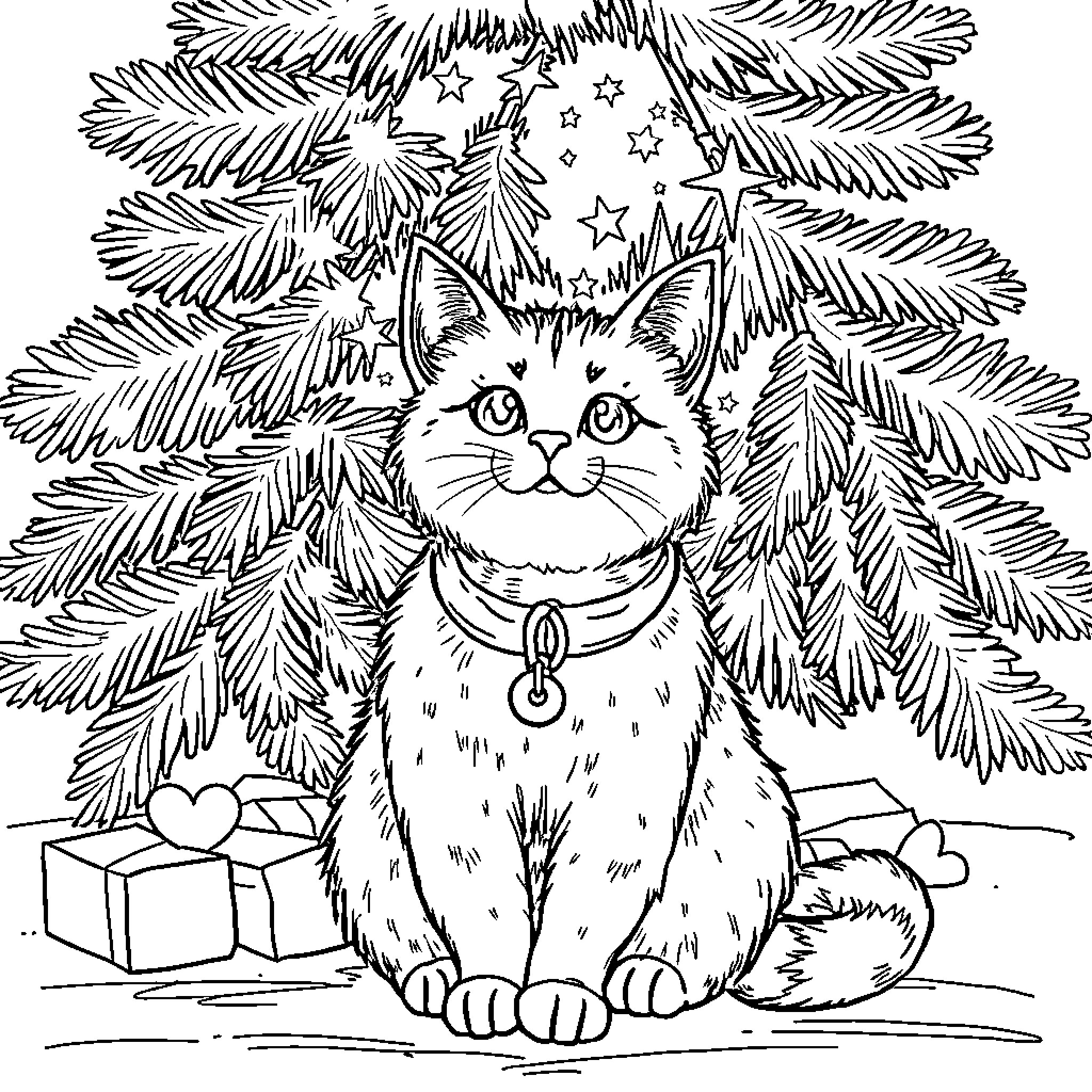 Gabby the Curious Cat Exploring the Festive Fir Tree Coloring Page (free black-and-white line drawing printable PDF for all, from beginners to advanced learners, including children, teens, adults, and seniors)