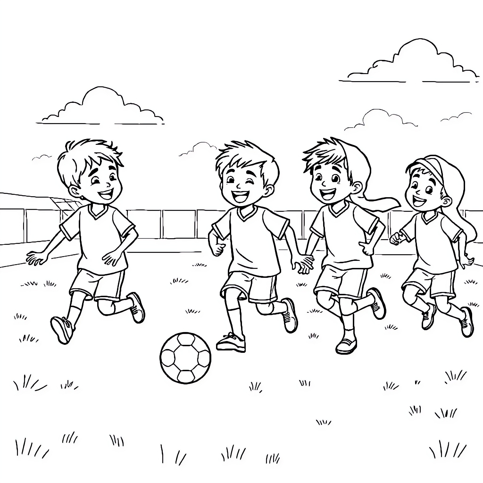 Kid friends playing soccer outdoors Coloring Page (free black-and-white line drawing printable PDF for all, from beginners to advanced learners, including children, teens, adults, and seniors)