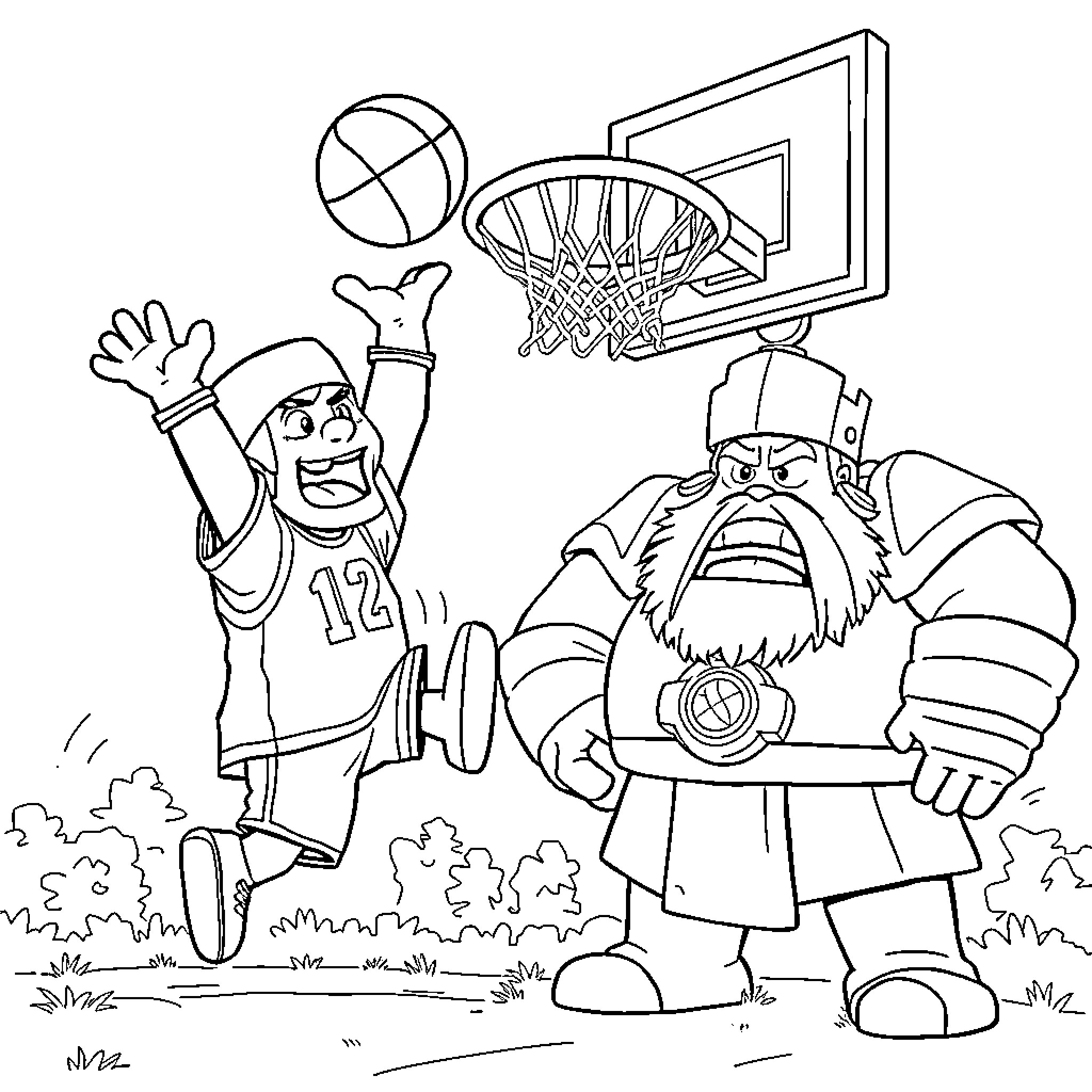 Pekka playing basketball with a big friendly giant Coloring Page (free black-and-white line drawing printable PDF for all, from beginners to advanced learners, including children, teens, adults, and seniors)