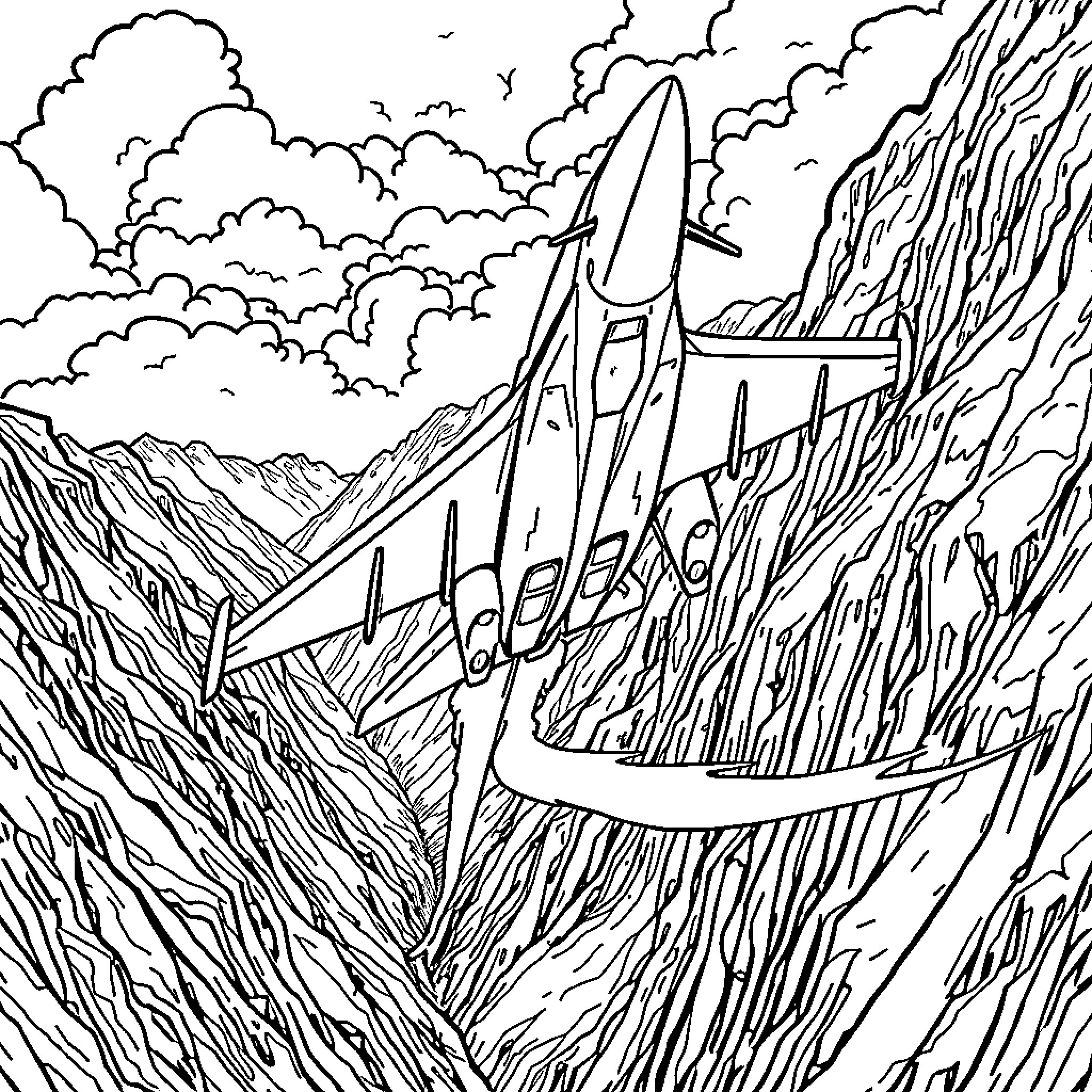 Fighter Jet Soaring Through Rugged Skies Coloring Page (free black-and-white line drawing printable PDF for all, from beginners to advanced learners, including children, teens, adults, and seniors)