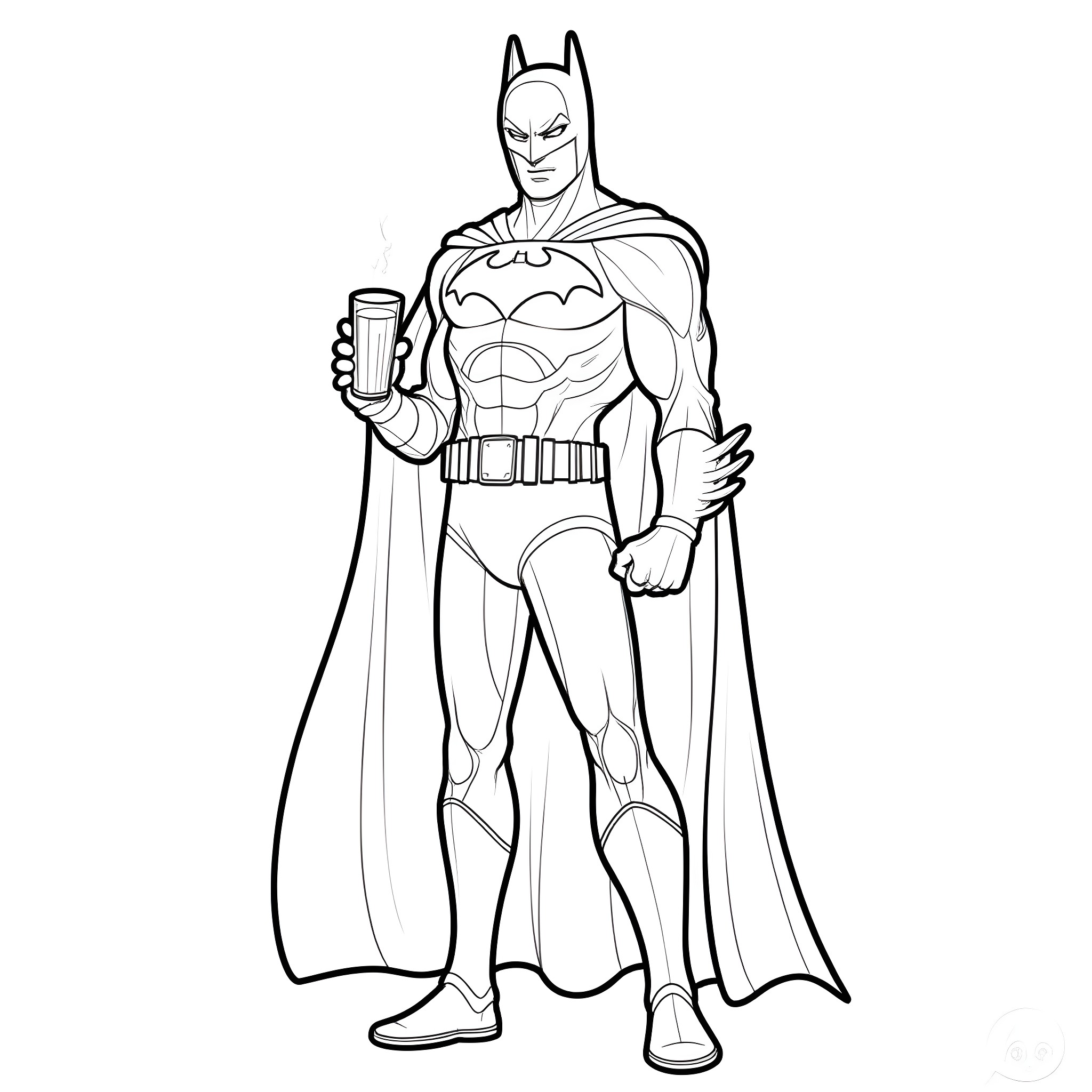 Batman with utility belt and cape in action pose Coloring Page (free black-and-white line drawing printable PDF for all, from beginners to advanced learners, including children, teens, adults, and seniors)