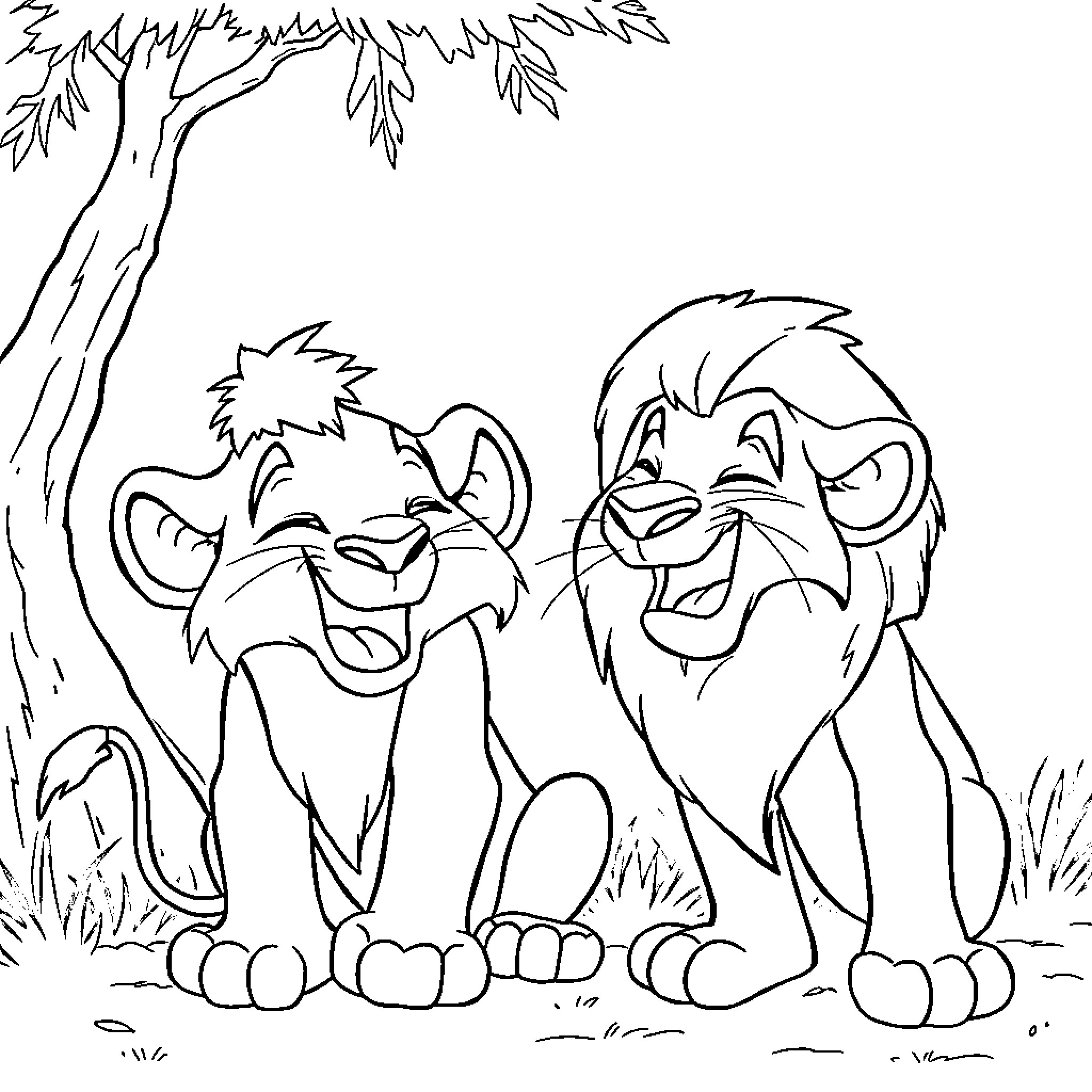 Simba and Mufasa enjoying the savanna scenery Coloring Page (free black-and-white line drawing printable PDF for all, from beginners to advanced learners, including children, teens, adults, and seniors)