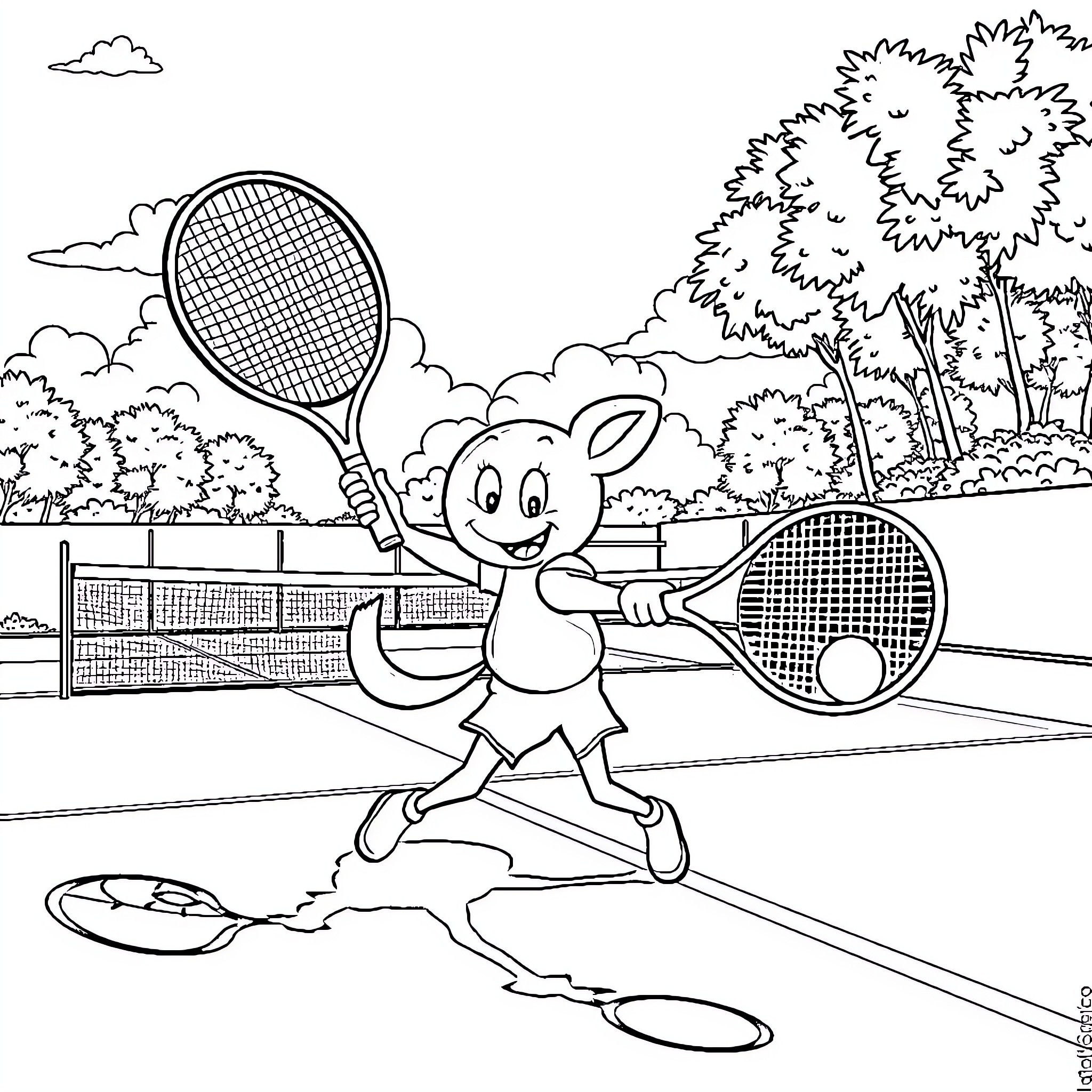 Bluey enjoying a tennis match in the park Coloring Page (free black-and-white line drawing printable PDF for all, from beginners to advanced learners, including children, teens, adults, and seniors)