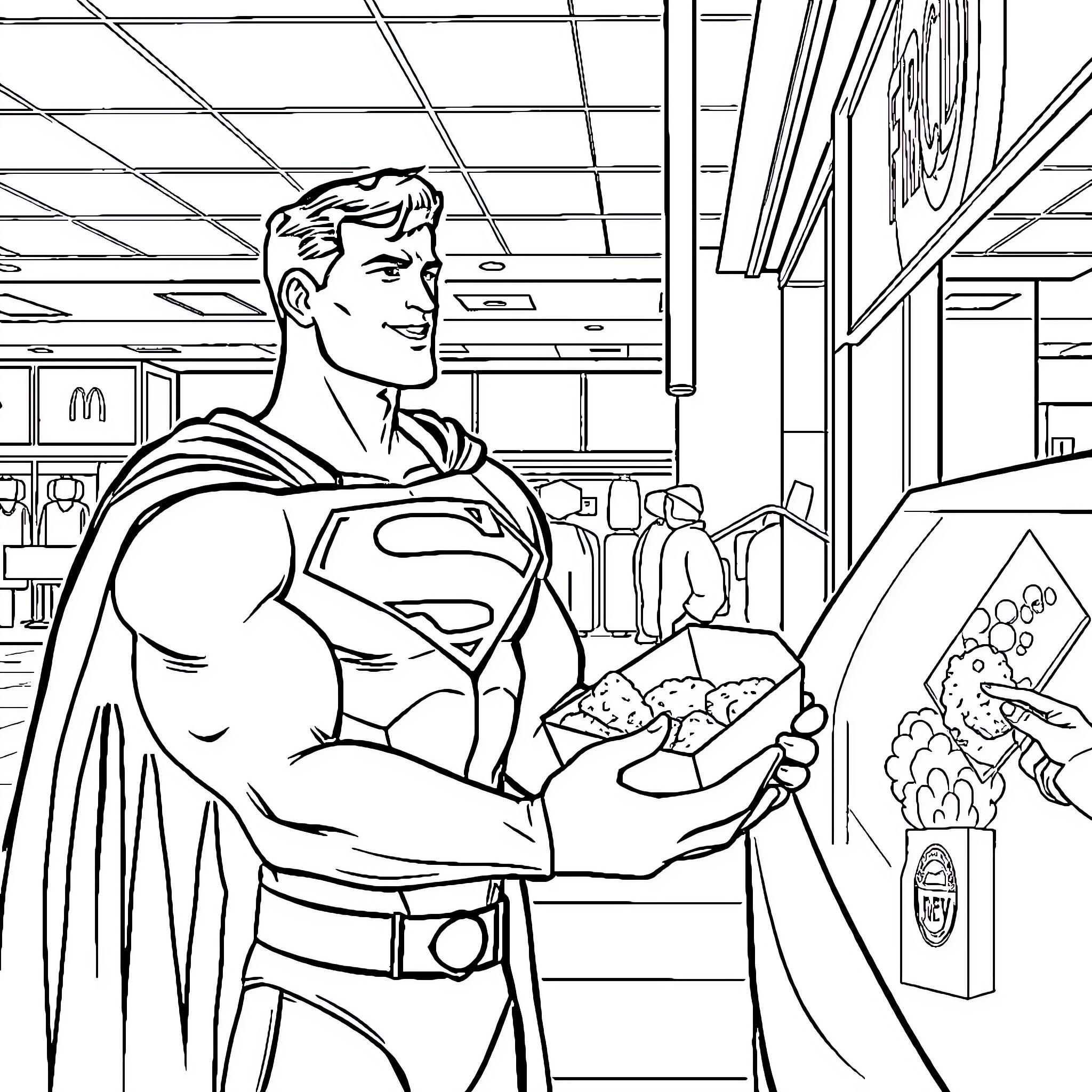 Superman saving people in a grocery store Coloring Page (free black-and-white line drawing printable PDF for all, from beginners to advanced learners, including children, teens, adults, and seniors)