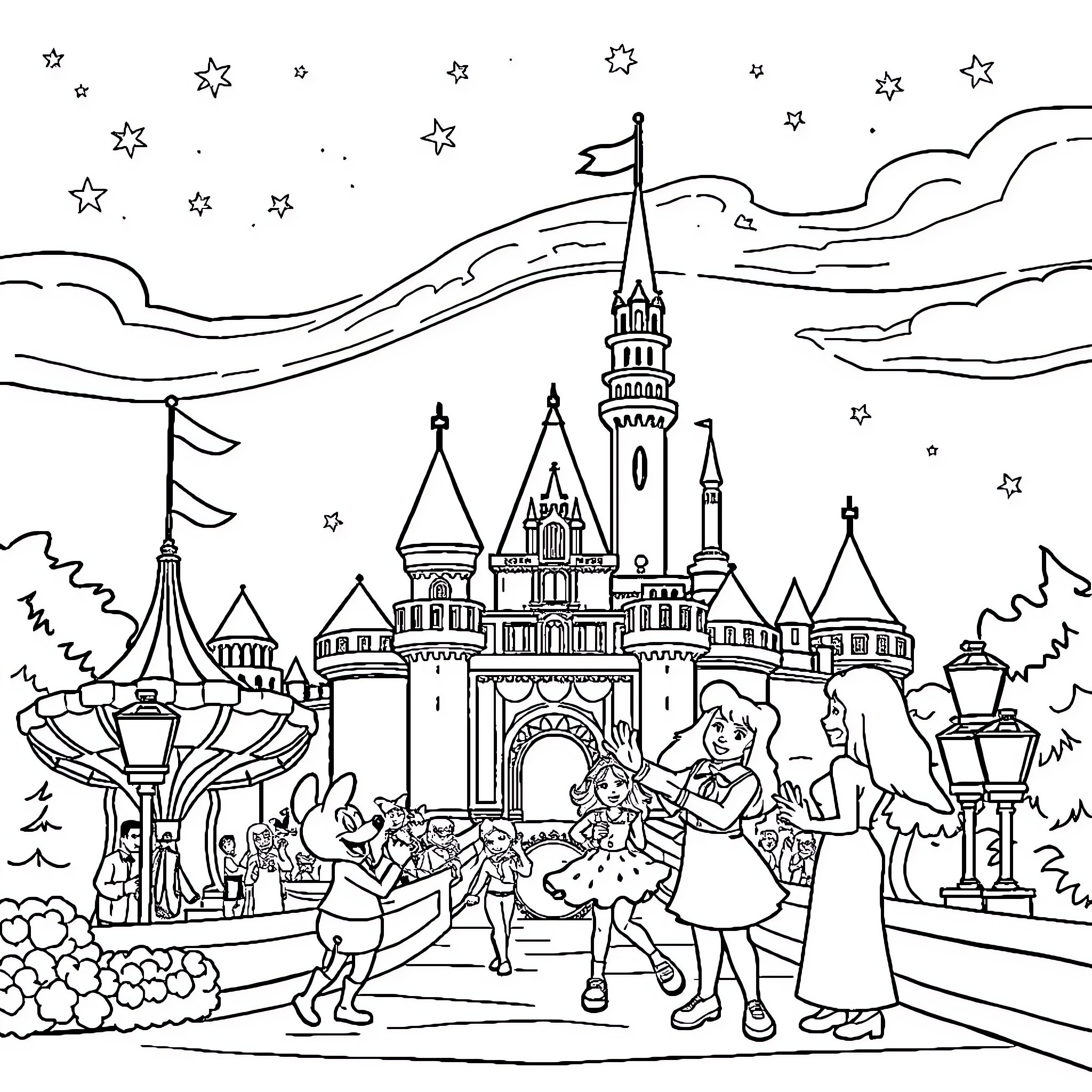 Disneyland characters enjoying a magical night at the castle Coloring Page (free black-and-white line drawing printable PDF for all, from beginners to advanced learners, including children, teens, adults, and seniors)