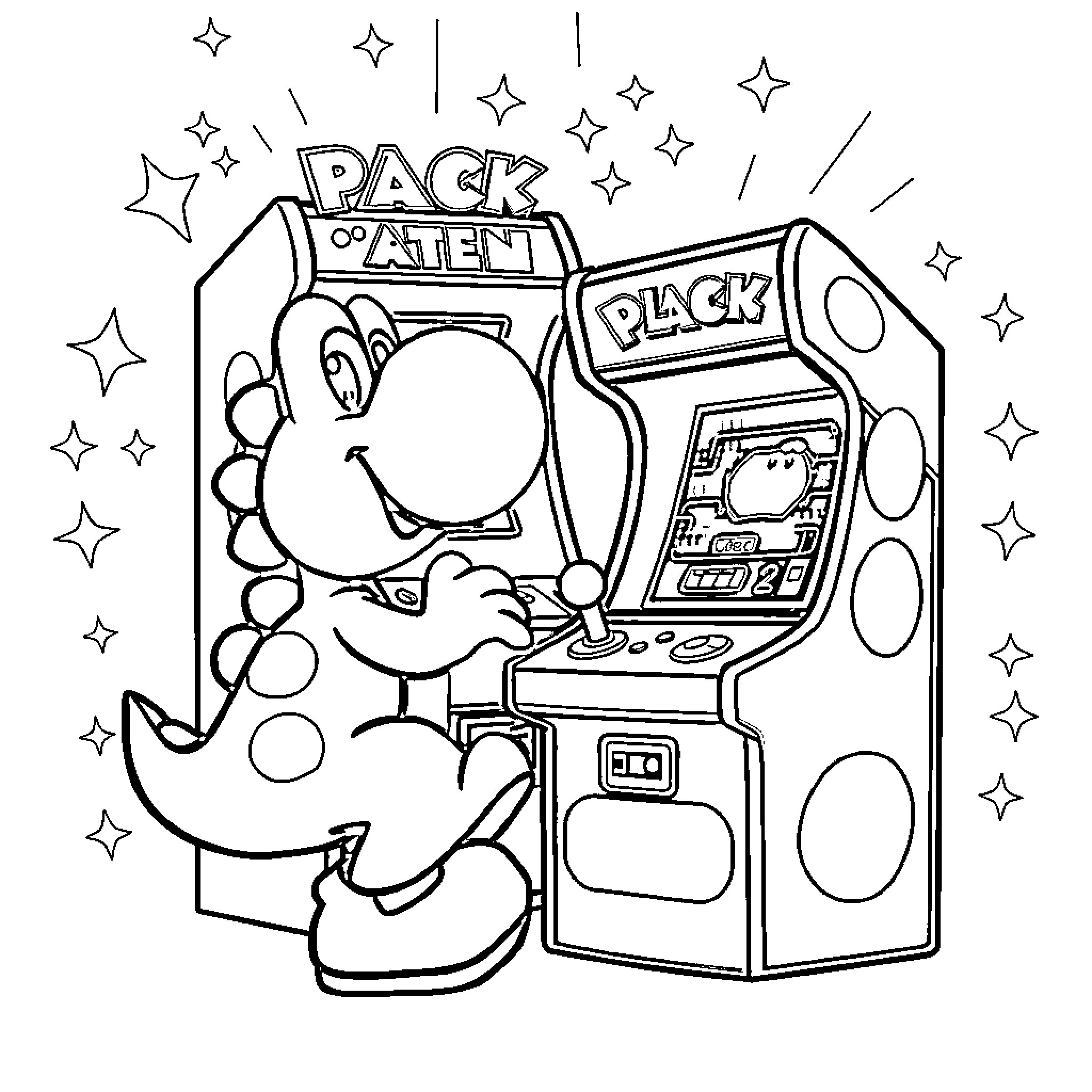 Yoshi playing with arcade game Coloring Page (free black-and-white line drawing printable PDF for all, from beginners to advanced learners, including children, teens, adults, and seniors)