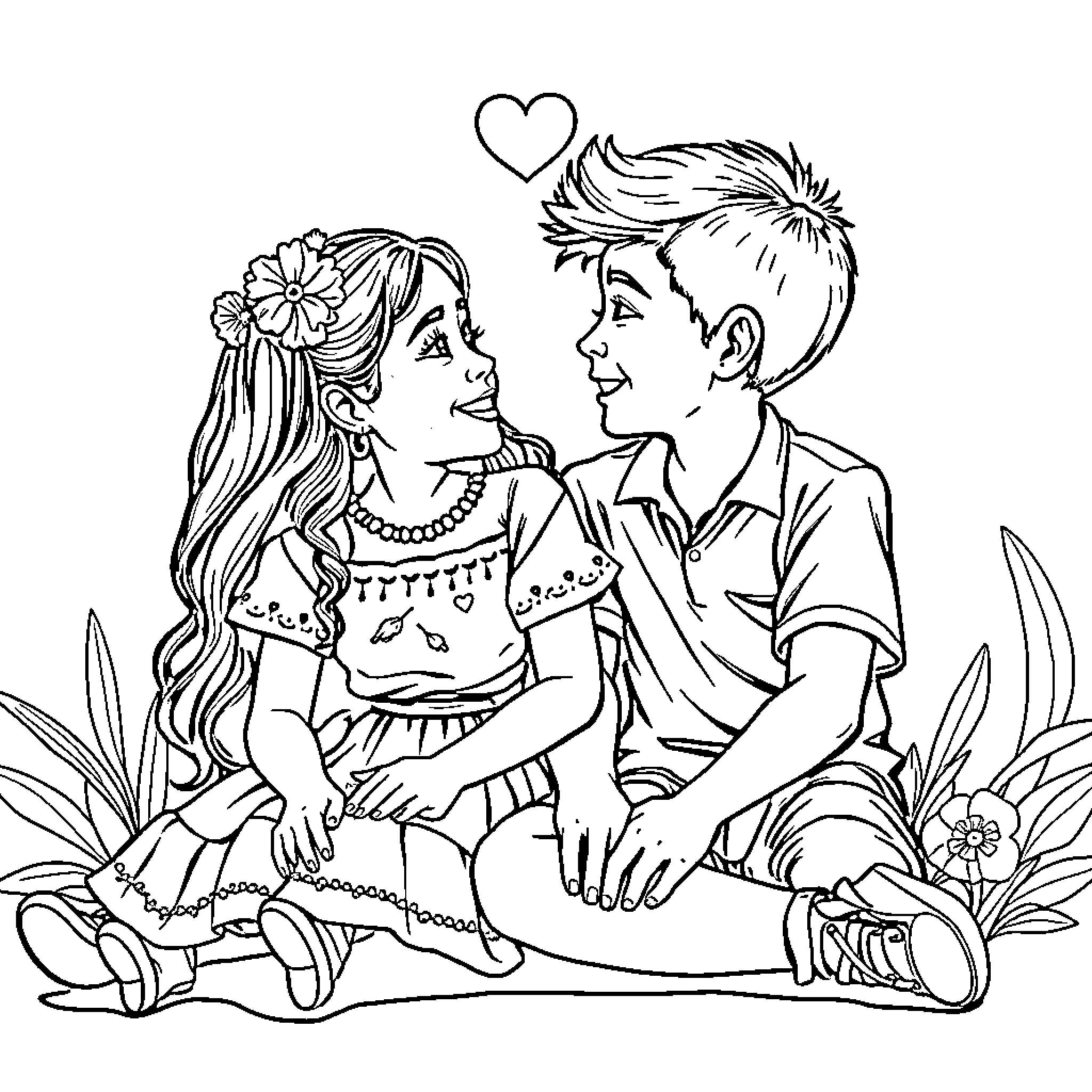Chicano Couple in Romantic Scene Coloring Page (free black-and-white line drawing printable PDF for all, from beginners to advanced learners, including children, teens, adults, and seniors)
