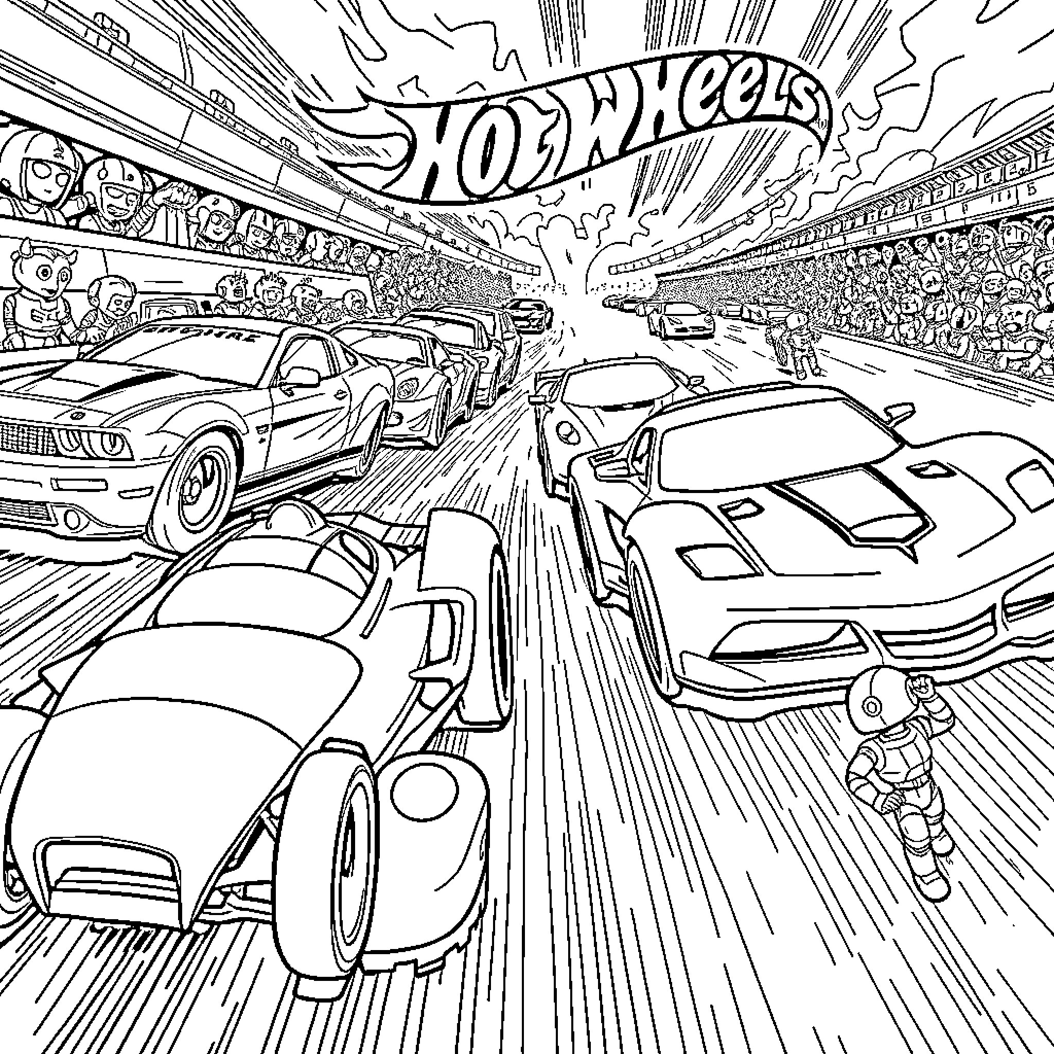 Robot cars racing in a high-speed competition Coloring Page (free black-and-white line drawing printable PDF for all, from beginners to advanced learners, including children, teens, adults, and seniors)