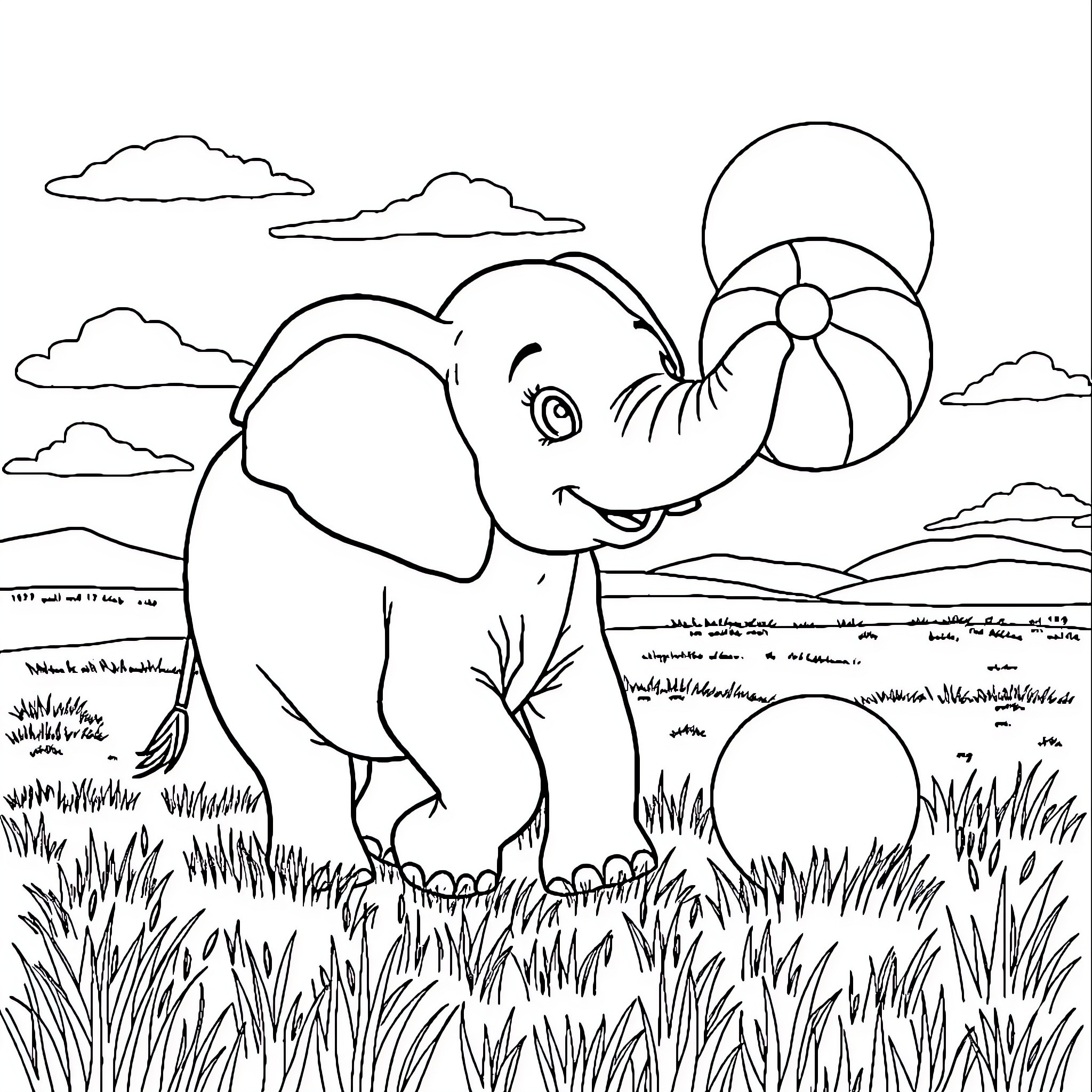 Elephant playing with beach ball in nature Coloring Page (free black-and-white line drawing printable PDF for all, from beginners to advanced learners, including children, teens, adults, and seniors)