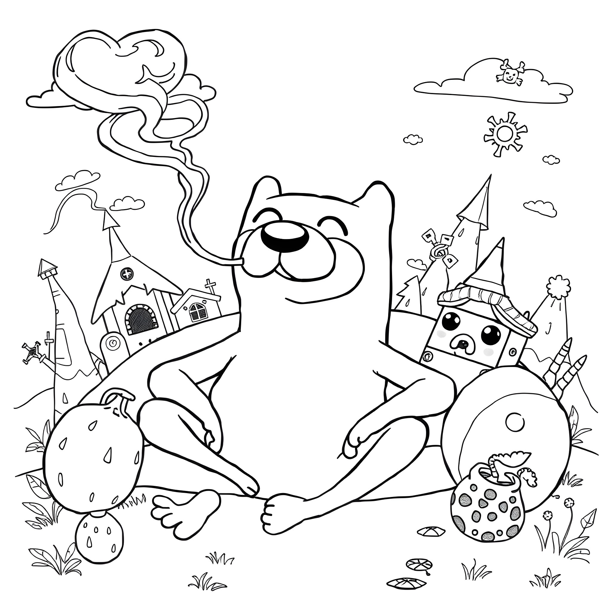 Jake's Whimsical Adventure in a Fantastical Landscape Coloring Page (free black-and-white line drawing printable PDF for all, from beginners to advanced learners, including children, teens, adults, and seniors)