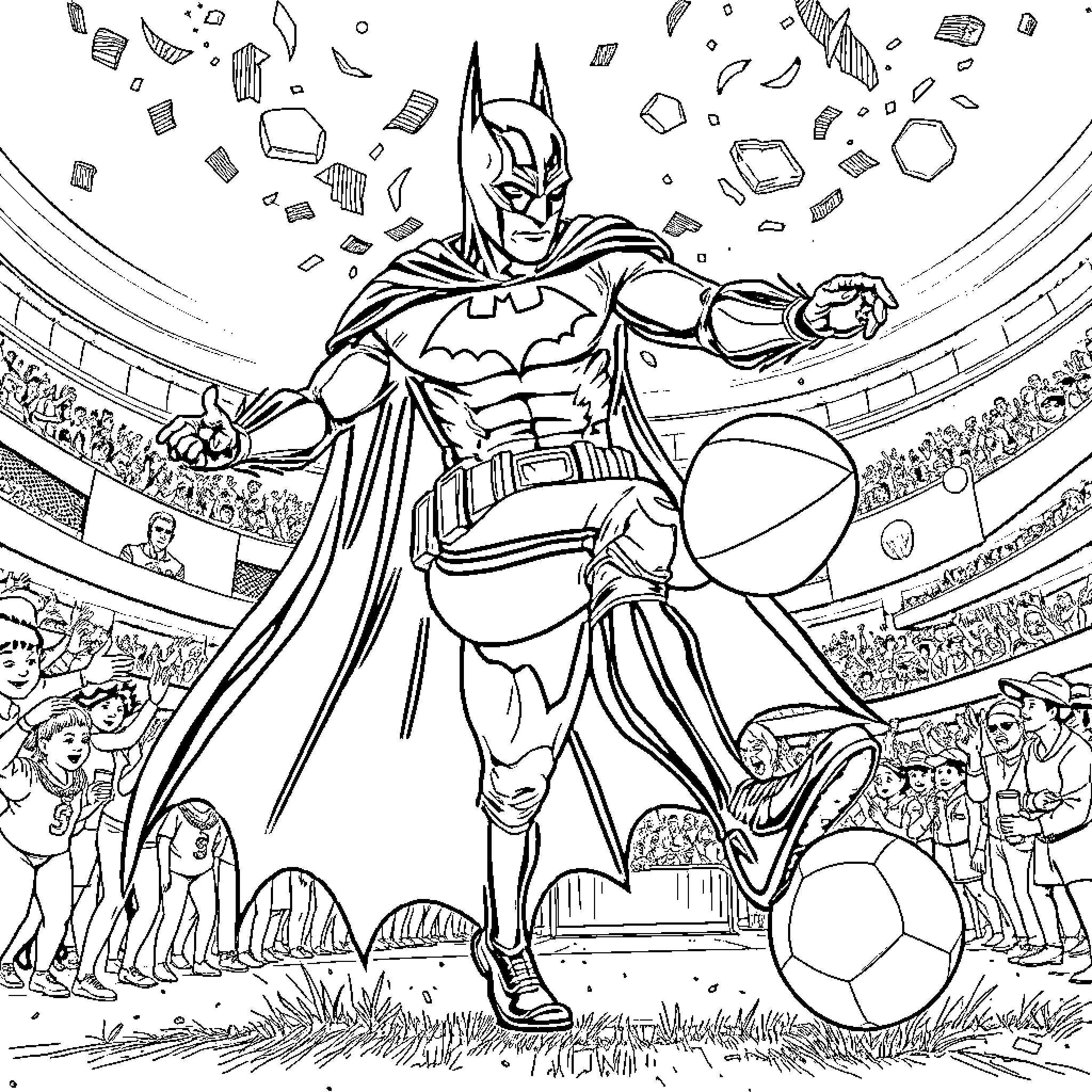 Batman battling in a sports stadium Coloring Page (free black-and-white line drawing printable PDF for all, from beginners to advanced learners, including children, teens, adults, and seniors)