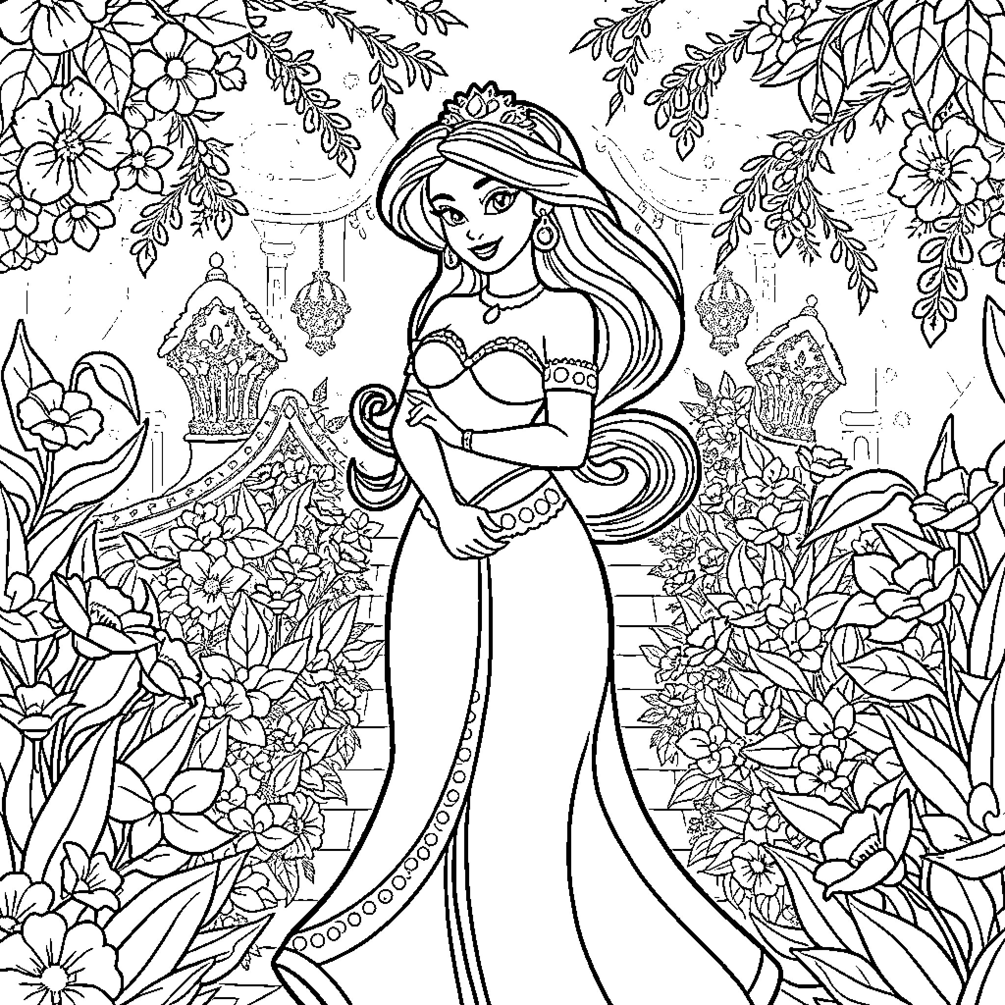 Princess Jasmine in a lush, floral garden Coloring Page (free black-and-white line drawing printable PDF for all, from beginners to advanced learners, including children, teens, adults, and seniors)