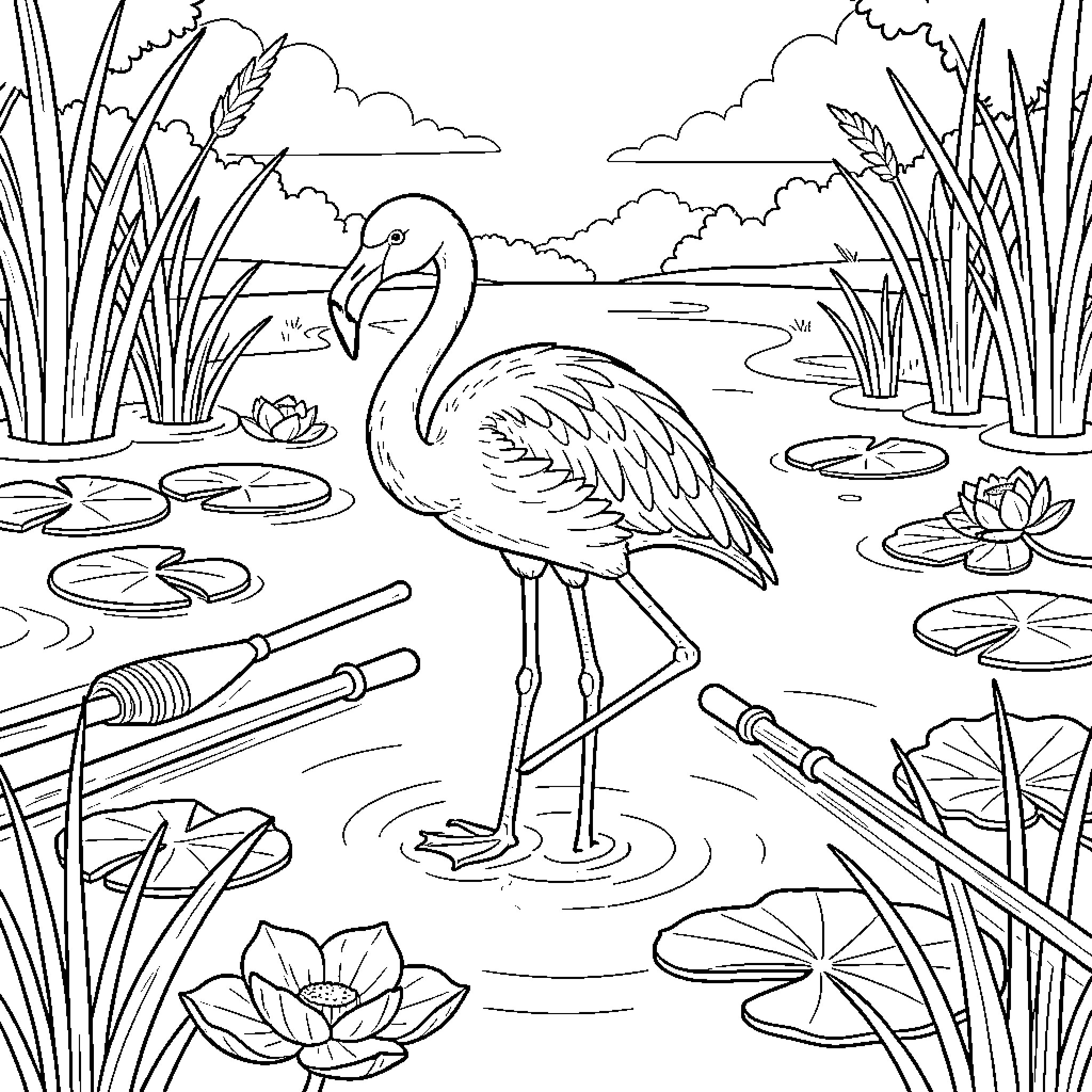 Flamant standing gracefully in a serene lily pond Coloring Page (free black-and-white line drawing printable PDF for all, from beginners to advanced learners, including children, teens, adults, and seniors)