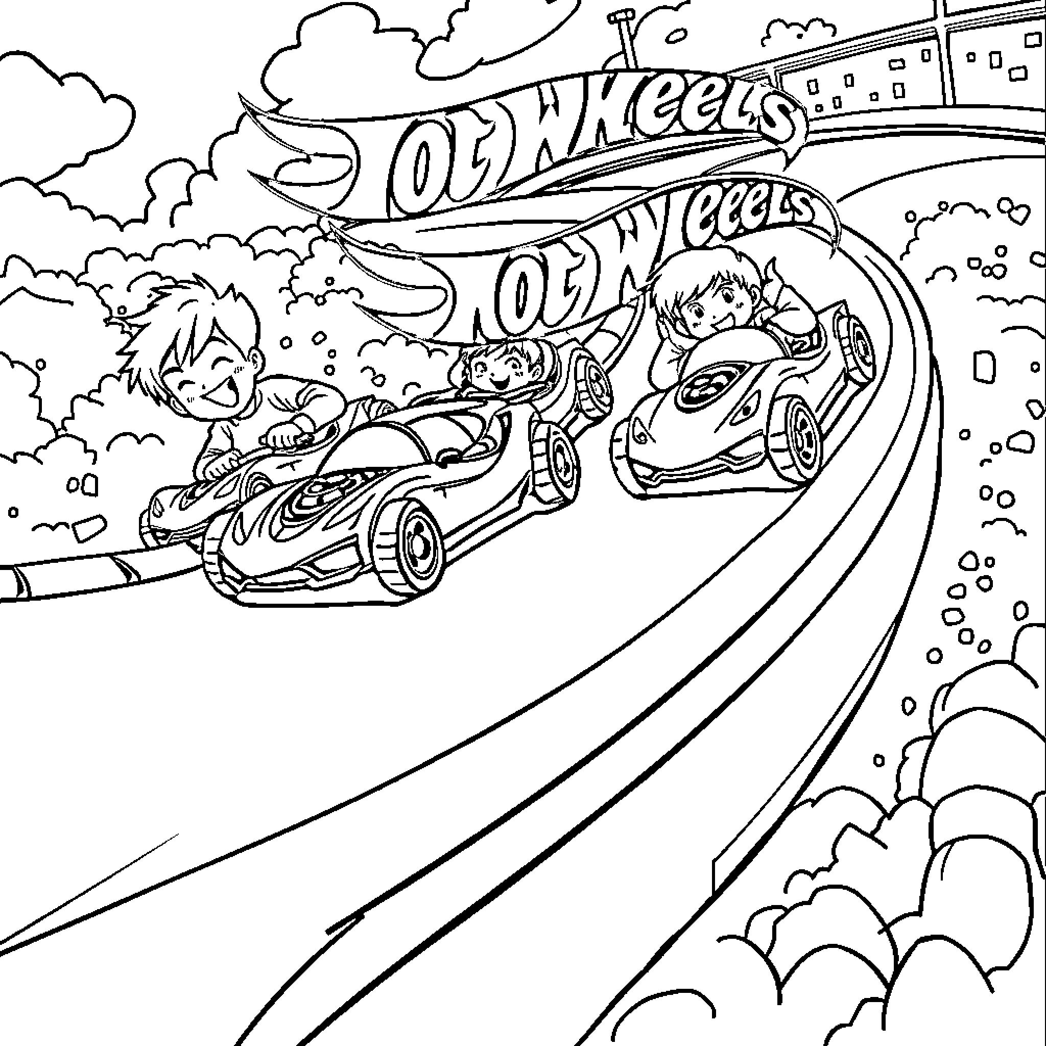 Hot Wheels racing cars speeding on a track Coloring Page (free black-and-white line drawing printable PDF for all, from beginners to advanced learners, including children, teens, adults, and seniors)