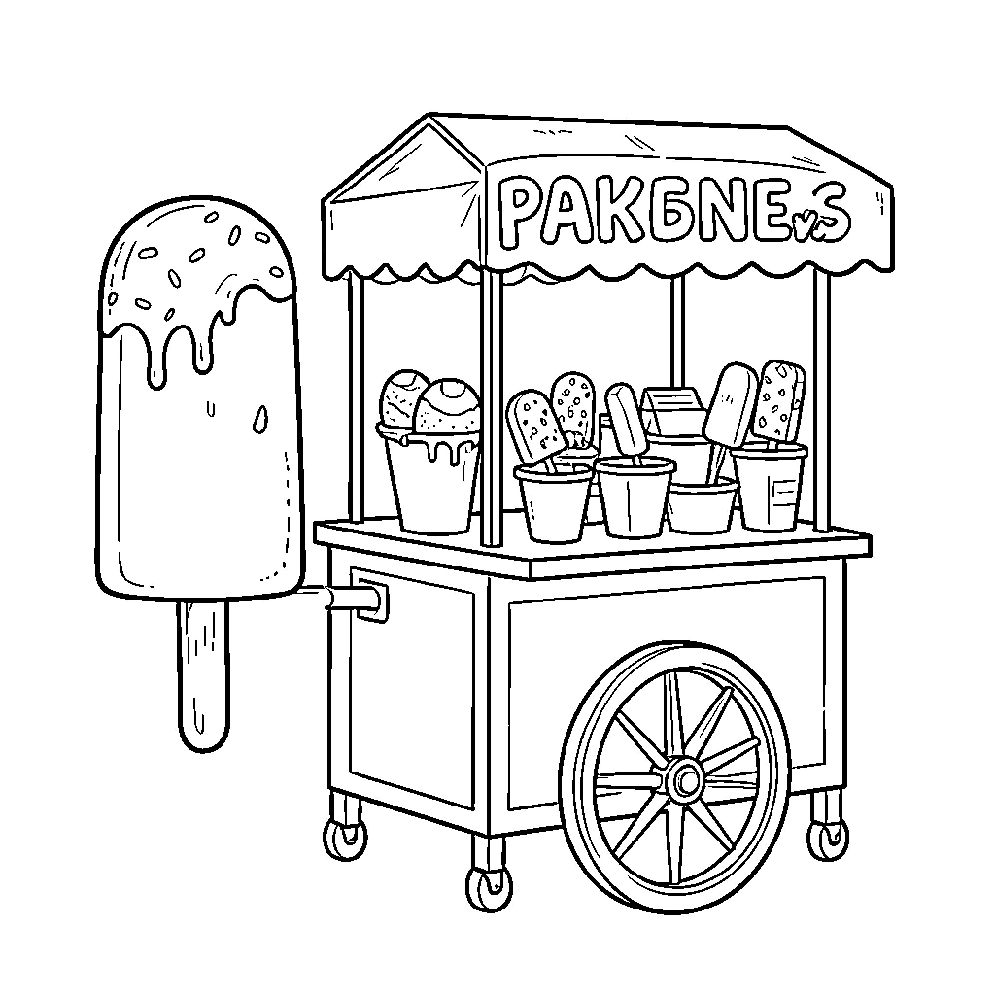 Popsicle cart displaying various frozen treats on a stand Coloring Page (free black-and-white line drawing printable PDF for all, from beginners to advanced learners, including children, teens, adults, and seniors)