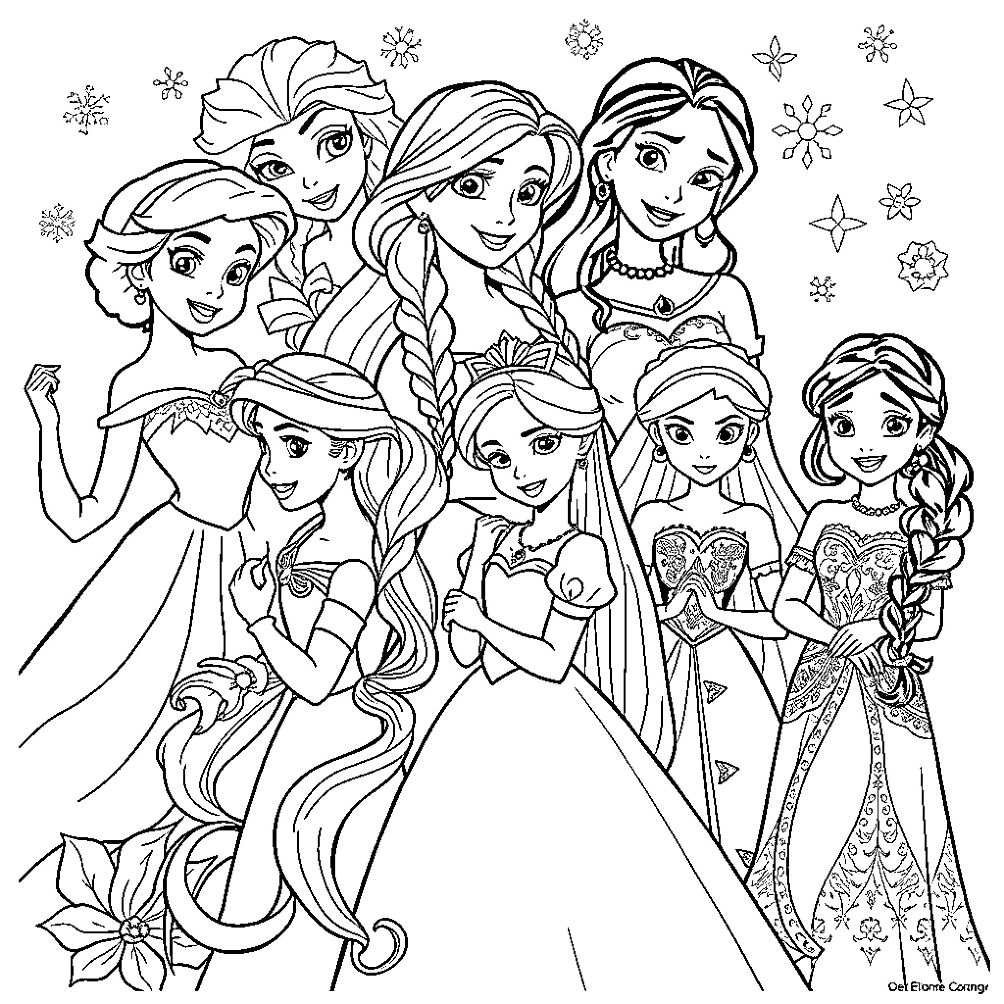 Princess Portraits - Elegant Expressions and Festive Attire Coloring Page (free black-and-white line drawing printable PDF for all, from beginners to advanced learners, including children, teens, adults, and seniors)